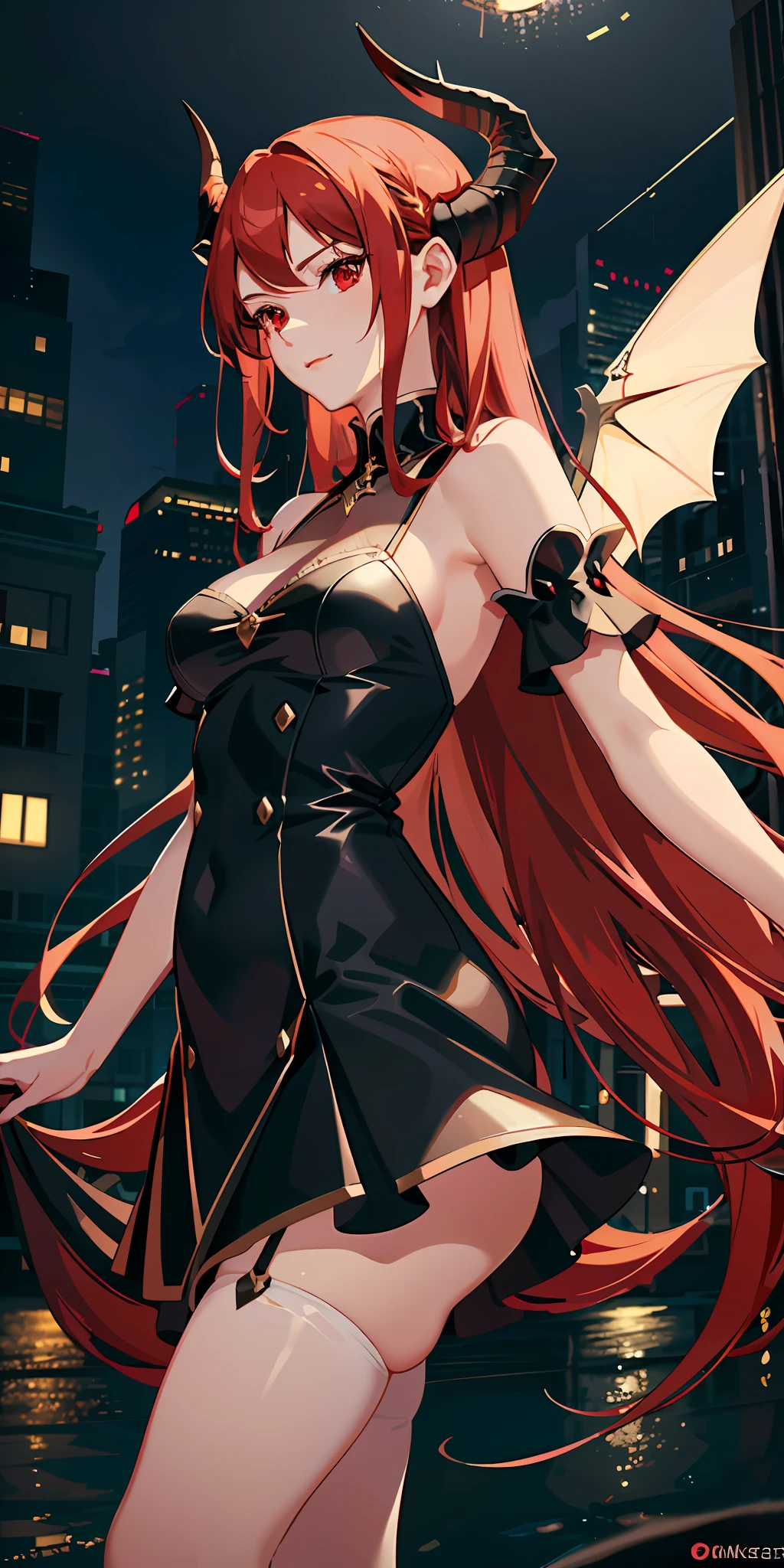 (delicate and beautiful CG artwork),(best quality, ultra-detailed, high resolution),(dynamic angle, dynamic lighting),(1 character),(long white and red hair, red eyes, beautiful face),(black transparent stocking),(devil) (long sideburns) clock in background, city, night light, horns, black dress