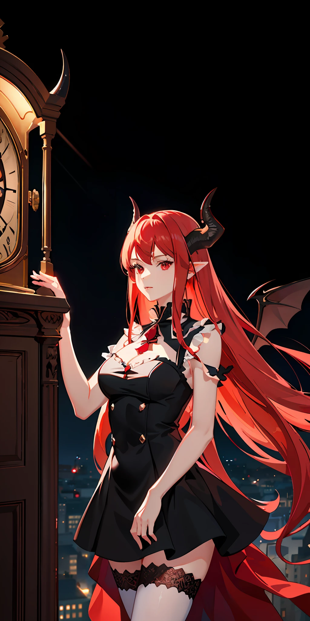 (delicate and beautiful CG artwork),(best quality, ultra-detailed, high resolution),(dynamic angle, dynamic lighting),(1 character),(long white and red hair, red eyes, beautiful face),(black transparent stocking),(devil) (long sideburns) clock in background, city, night light, horns, black dress
