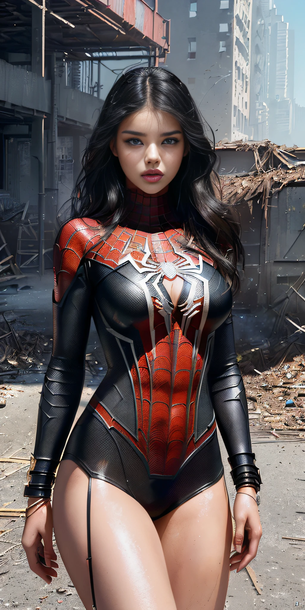 Adriana Lima Model, (1girl:1.3), solo, (((extremely detailed face))),(((extremely detailed eyes and face)),beautiful detailed eyes,body-parts__, official art, 8k unified wallpaper, super detailed, beautiful and aesthetic, beautiful, masterpiece, best quality, raw, masterpiece, super thin photo, best quality, super high resolution, photorealistic realism, sunlight, full body portrait, amazing beauty,, dynamic pose, delicate face, vibrant eyes, (from the front), she is wearing a Spider-Man suit, red and black color scheme, spider, very detailed abandoned warehouse background, detailed face, detailed complex busy background, messy, gorgeous, milky white, highly detailed skin, realistic skin details, visible pores, sharp focus, volumetric mist, 8k uhd, DSLR, high quality, film grain, Light skin, photographic realism, lomography, huge metropolis in future dystopia, seen from below, translucent