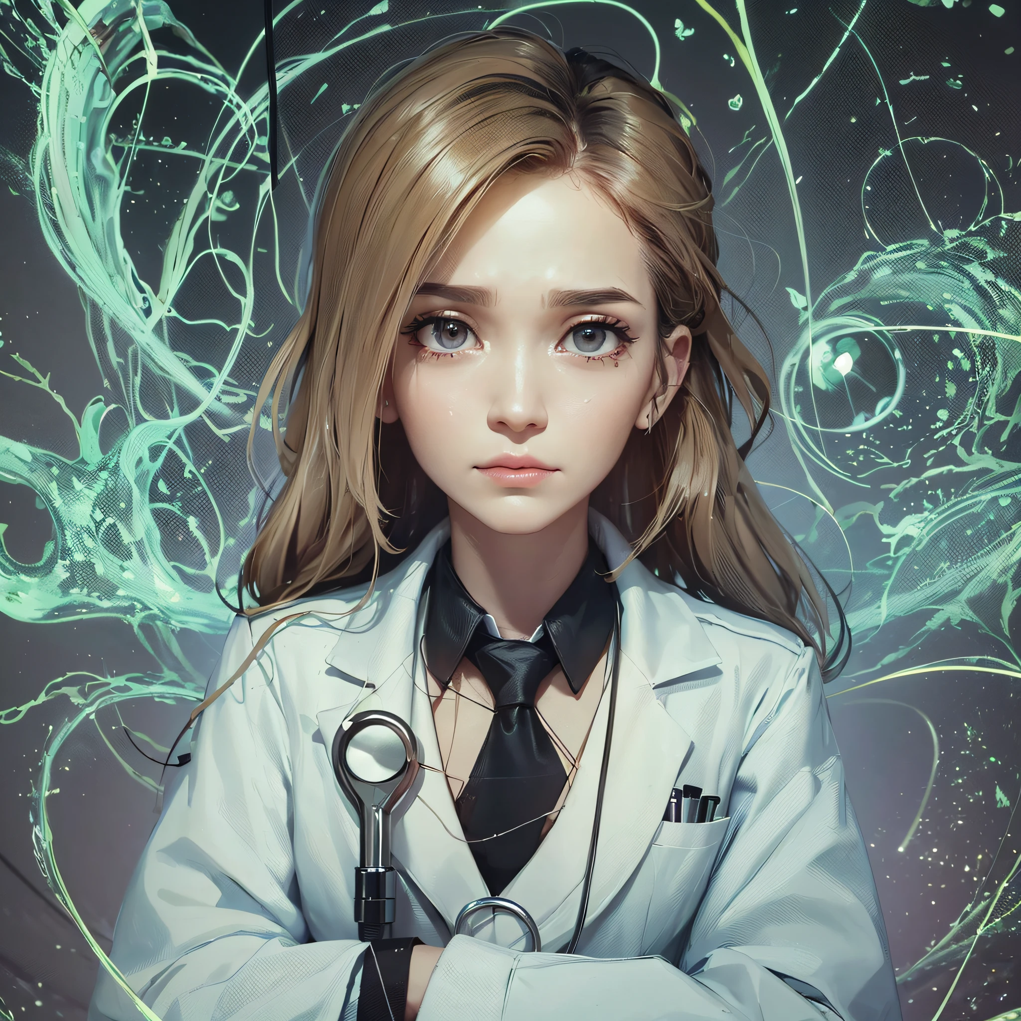 A doctor in a white lab coat and stethoscope on her neck, light brunette, chanel black hair, no tie, big greenish eyes, honey hue, is positioned in the center of the image. It is surrounded by barbed wire, which represents the sensation of pain and discomfort that fibromyalgia causes. The doctor has an expression of pain on her face, with tears in her eyes, to convey the message of the pain that the disease causes, despite the fact that she is a health professional and is used to dealing with the pain of others. --auto --s2