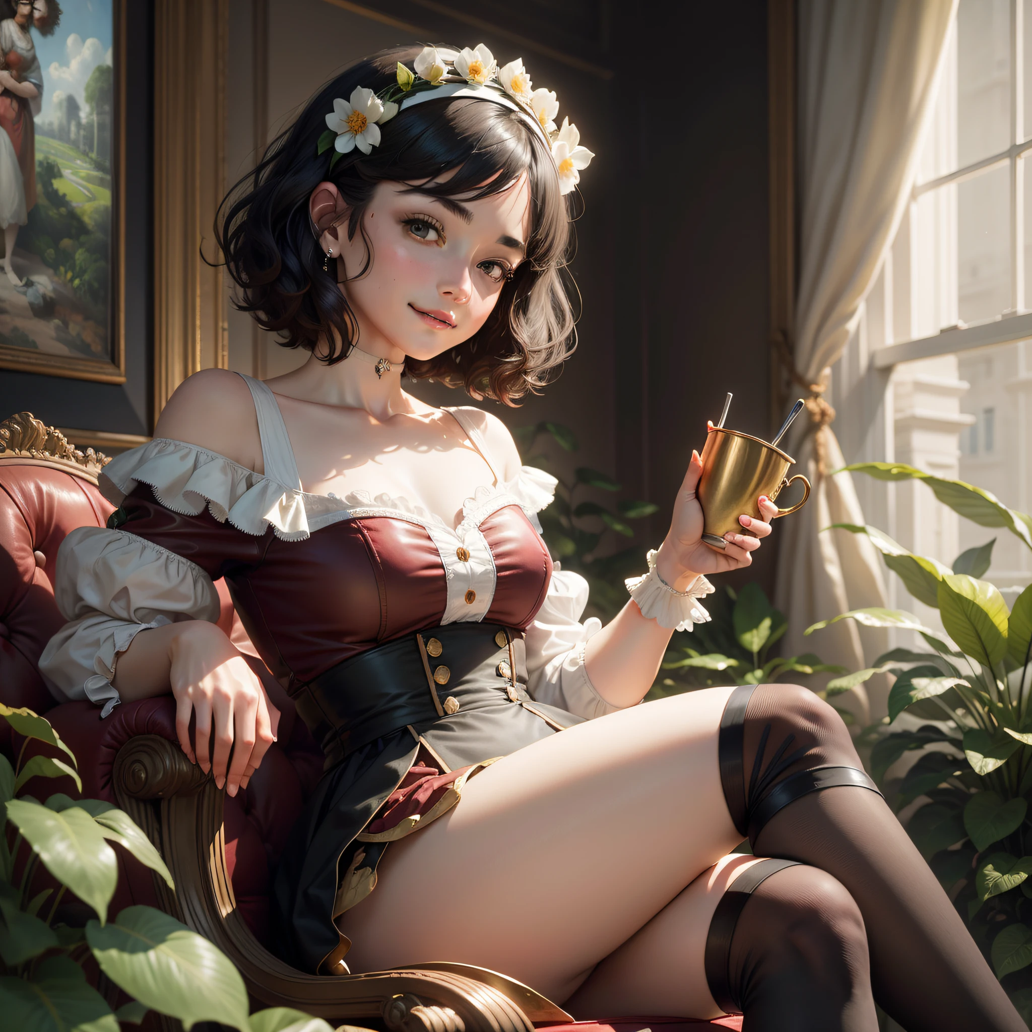 A portrait in a garden with many plants, wearing a red gentleman's dress, black stockings and a white shirt and a red bowel, Sit on a leather sofa, The body is straight, The shoulders are open, Knees slightly apart, Stretch your legs slightly, Cross your calves and extend your first foot forward, The second foot touches the ground 90 degrees, Place one hand on your thigh, The second hand holds the cup, Leigh was inspired by Karel Fabricius, Masterpiece portrait, Inspired by Johannes Fabritius, Nobles with dignity, Inspired by Barente Fabritius, Portrait of an anthropomorphic cat, Karel Fabricius, Johannes Fabricius, cringe, smiles, Masterpieces, thinking, black hair, wavy hair, very short hair, white hair, Film grain, Sony FE GM, chromatic aberration abuse, projected inset, Dutch Golden Age painting, Classicism, bokeh, 8k, UHD, Textured skin