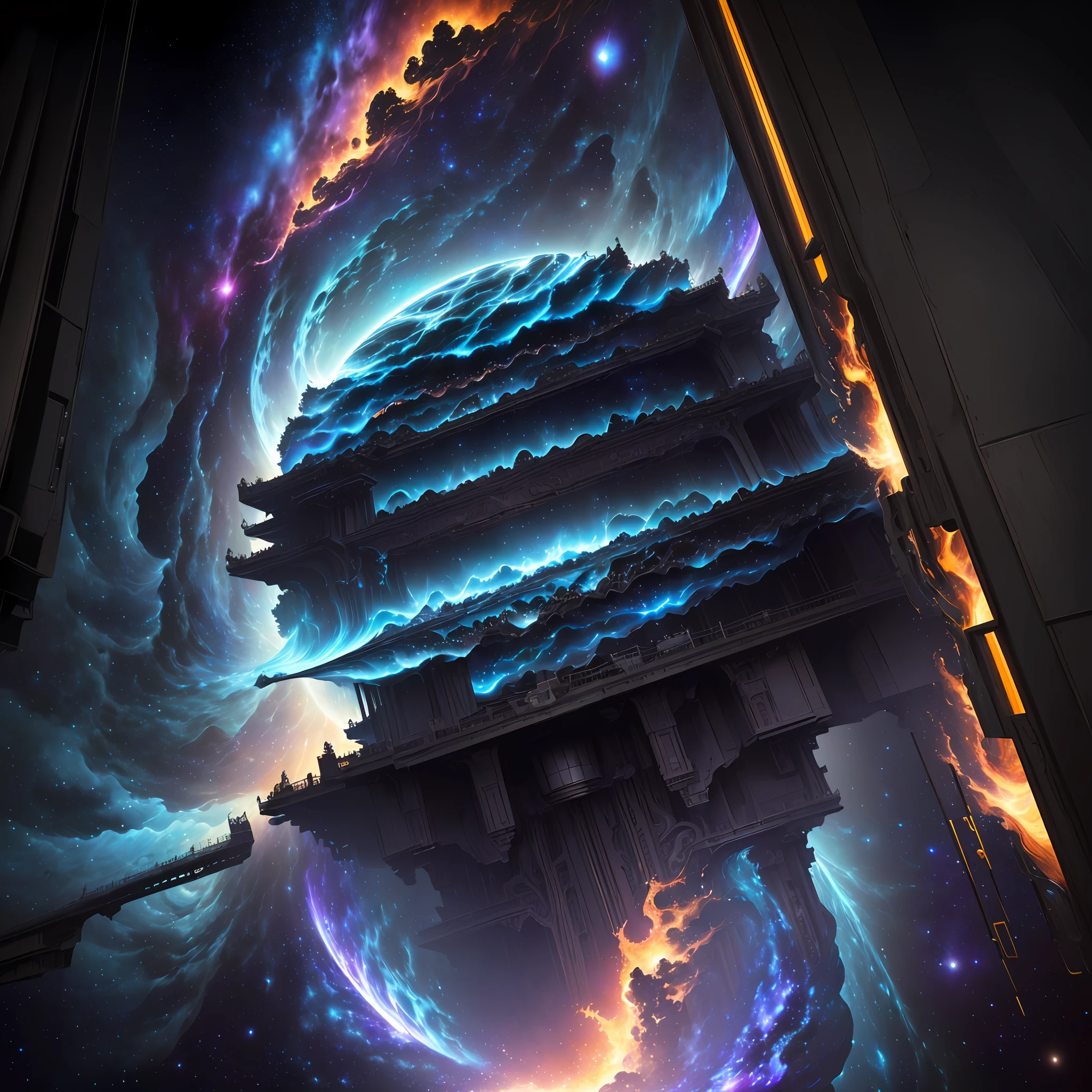 ((best quality)), ((masterpiece)), (high detail), (highres), staring up into the infinite length of the universe, endless galaxies, , dangerous black holes, exploding super novas, floating stars, endless staircases, star nebulas, ominous, cinematic atmosphere, negative dark mode, mc escher, art by senseijaye, matrix atmosphere, digital code swirling, matte painting