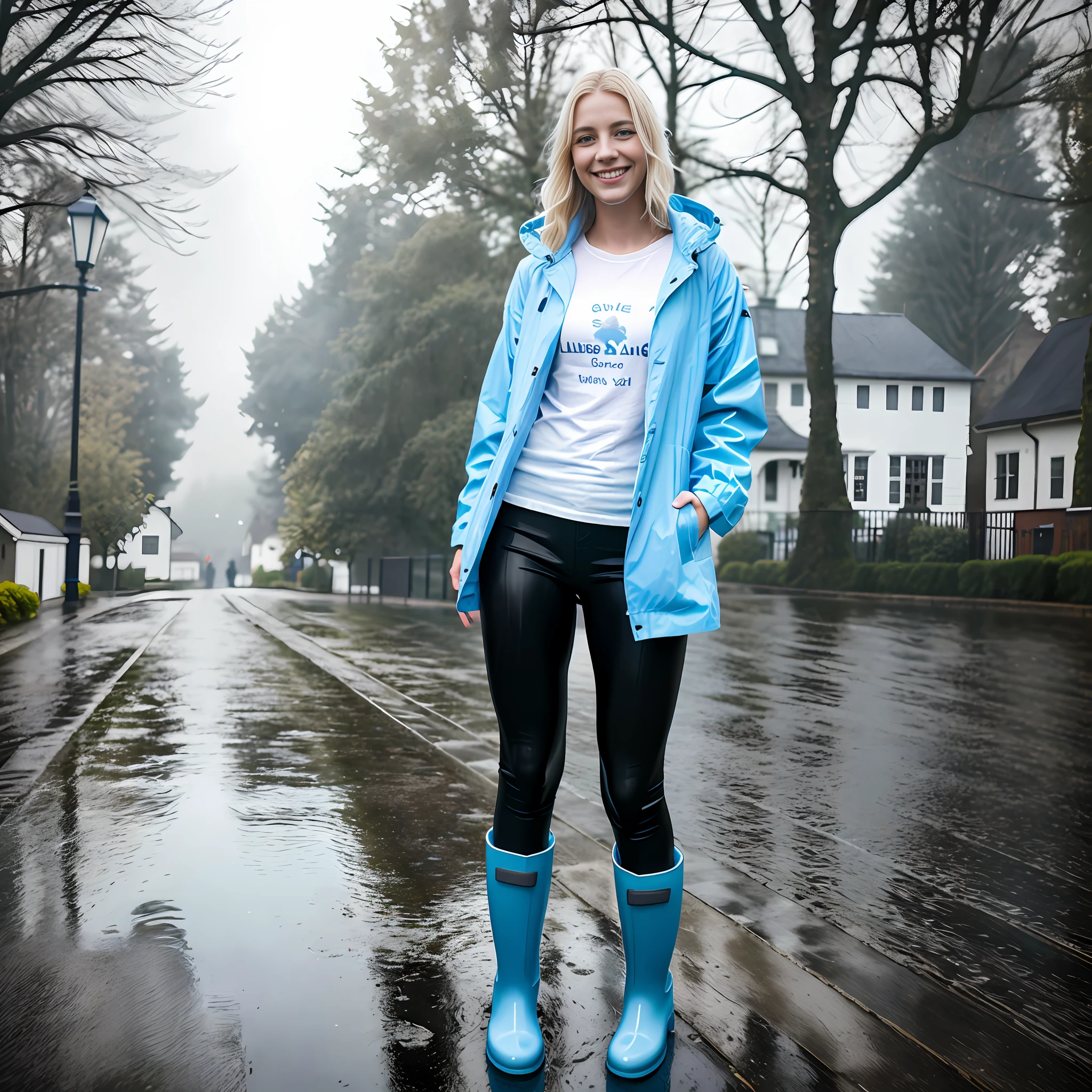 Woman, 28 years old, European, blond, smiling, wearing a long blue raincoat, cotton white Tshirt, black leggings, blue Rain boots, photorealistic, masterpiece, streets, houses, trees, rain, water puddle, full body photo, 8k, ultradetailed