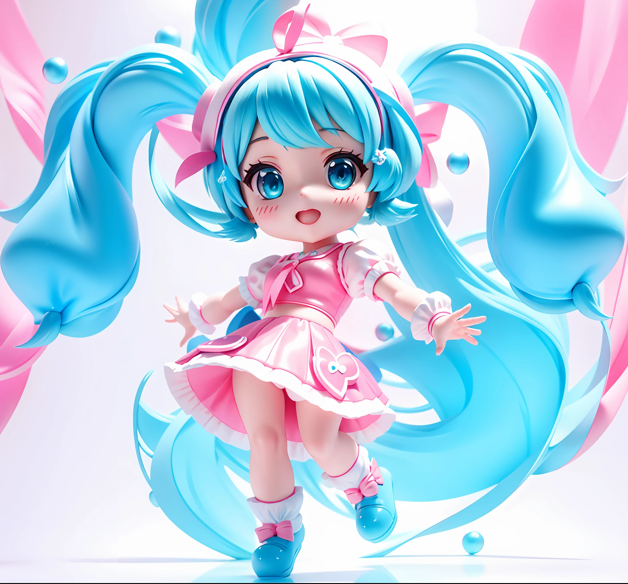 3D rendering, moe illustration, kawaii dancing girl, with blue double ponytail, cyan eyes, pink dress, magical girl with Hatsune Miku style, dancing, jumping into the air, as lively and cute as a bubble Matt toy. Blind box style, white background.