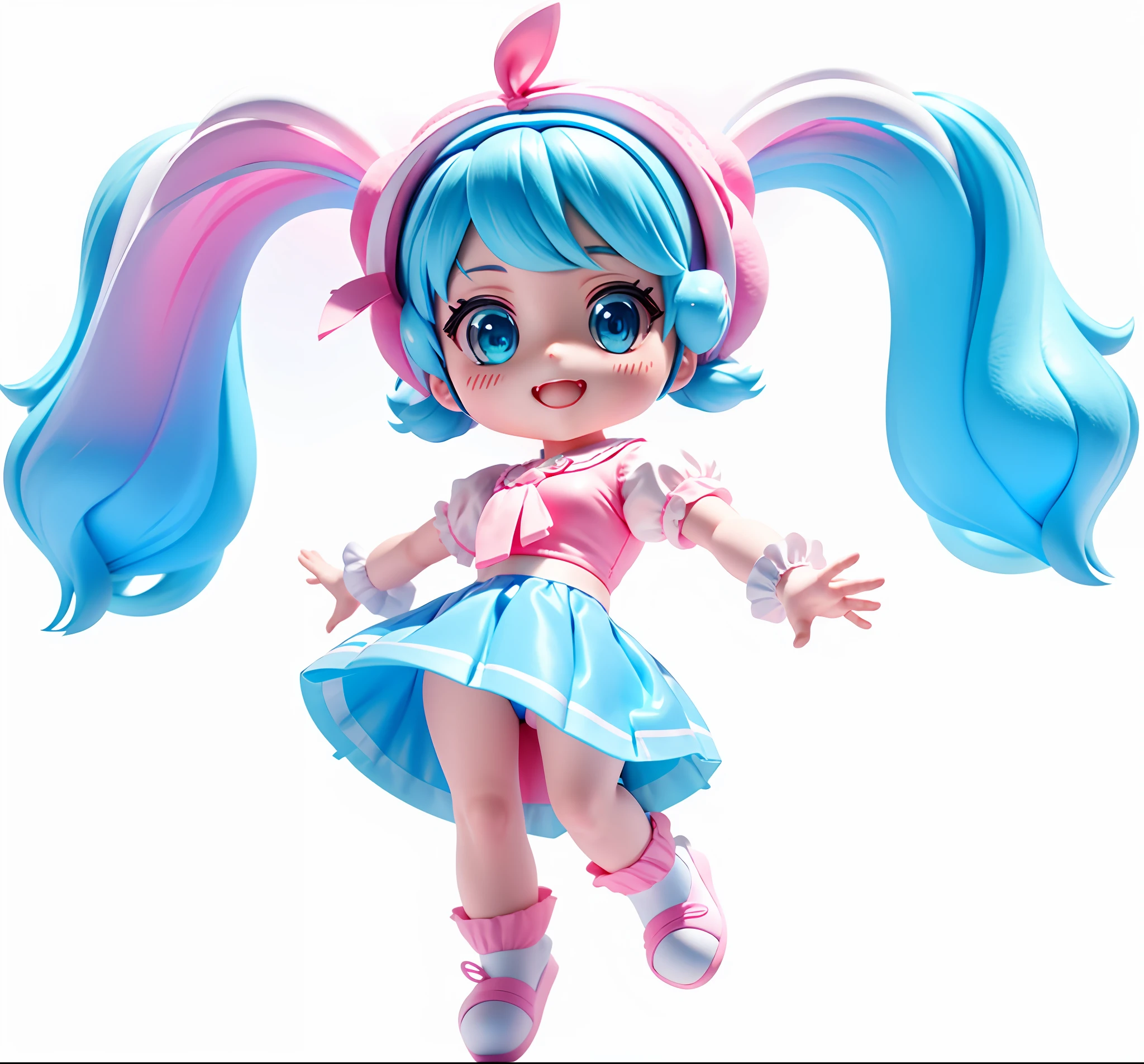 3D rendering, moe illustration, kawaii dancing girl, with blue double ponytail, cyan eyes, pink dress, magical girl with Hatsune Miku style, dancing, jumping into the air, as lively and cute as a bubble Matt toy. Blind box style, white background.
