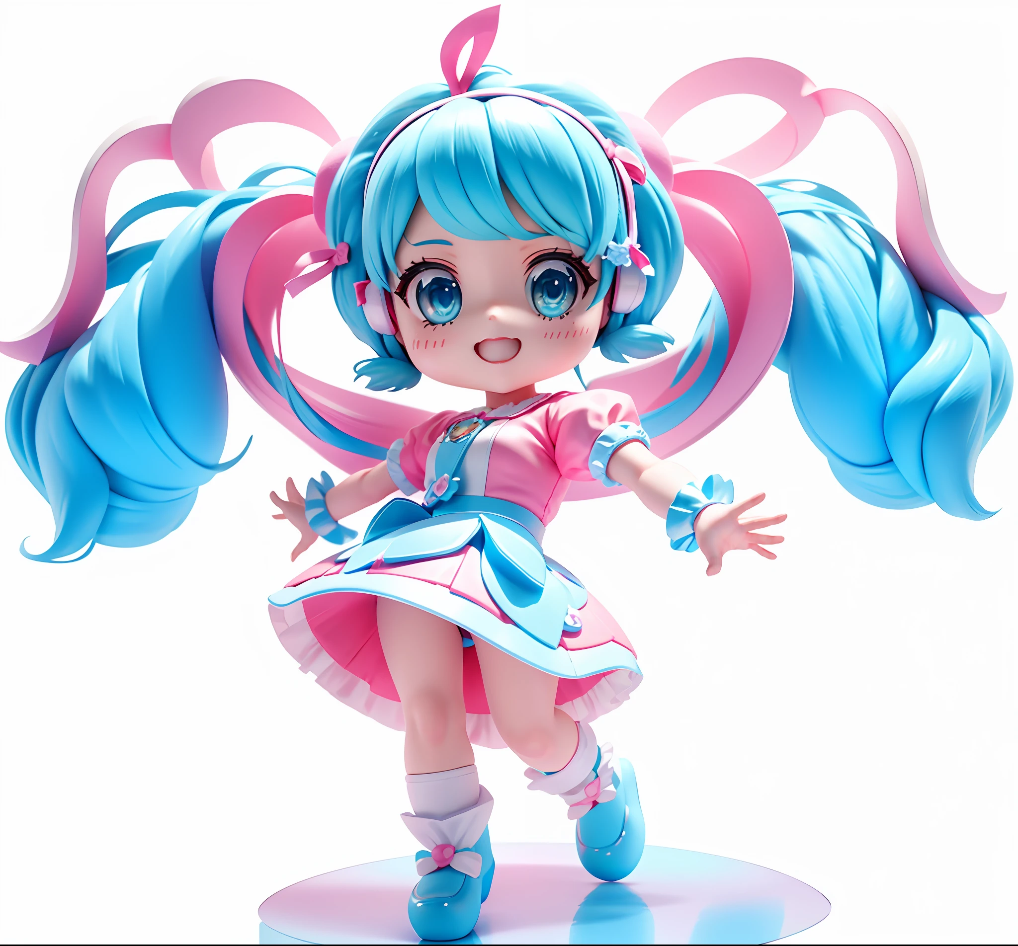 3D rendering, moe illustration, kawaii dancing girl, with blue double ponytail, cyan eyes, pink dress, magical girl with Hatsune Miku style, dancing, jumping into the air, as lively and cute as a bubble Matt toy. Blind box style, white background.
