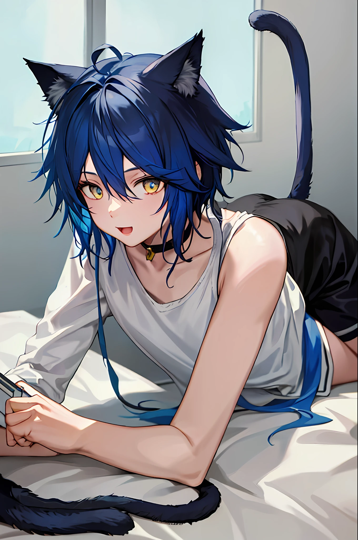1boy, cat ears, cat tail, blue hair, futuristic
