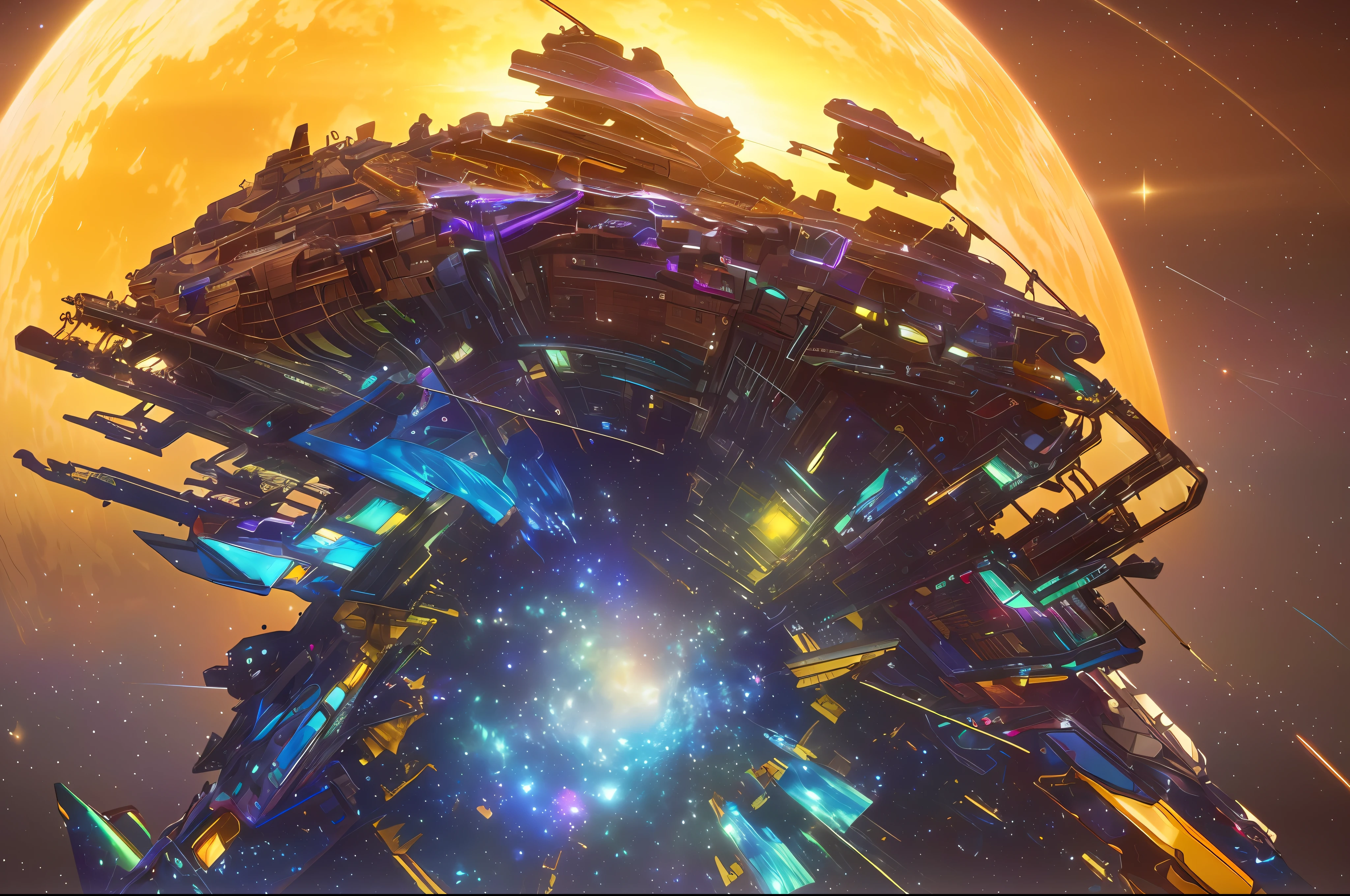 Realism style, space, galaxy, ((8K quality)), ((realism)), futuristic city, masterpiece, epic, majestic, best quality, very high resolution, 8k, hdr, digital photography, clear beautiful, iridescent, transparent, translucent, reflection, refraction, diffraction, caustic, volumetric light, volumetric shadow, (very detailed and refined: 1.2), (very detailed and beautiful: 1.2), partially backlit, ( Lighting outside the sunset frame and nearby lighting: 1.3), (realistic lighting: 1.2), (dynamic colors from lighting: 1.2), (complex details: 1.3), hyper-detailed, surreal, (sharp focus: 1.2), (SFW: 1.2),