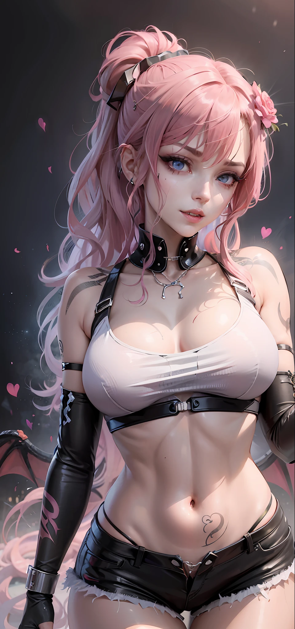 A girl with white hair, high ponytail hairstyle, sports bra, succubus, succubus tattoo on the lower abdomen, tight low-waist, shorts, pantyhose, full body photo, happy laugh, shyness, seductive expression, peach heart in the eyes, (eye details portrayal), sexy long legs, thin waist, sweat drops on the waist, revealing the lower abdomen, succubus tattoo extreme detail portrayal, ice and fire wings, dark lock method, 2D blush, crazy, fangs, drooling, pink hair, asymmetrical bangs, see-through outfit, hands on thighs, look away, 8k resolution, eyebrows raised , shiny hair, head flowers, wristbands, bandages