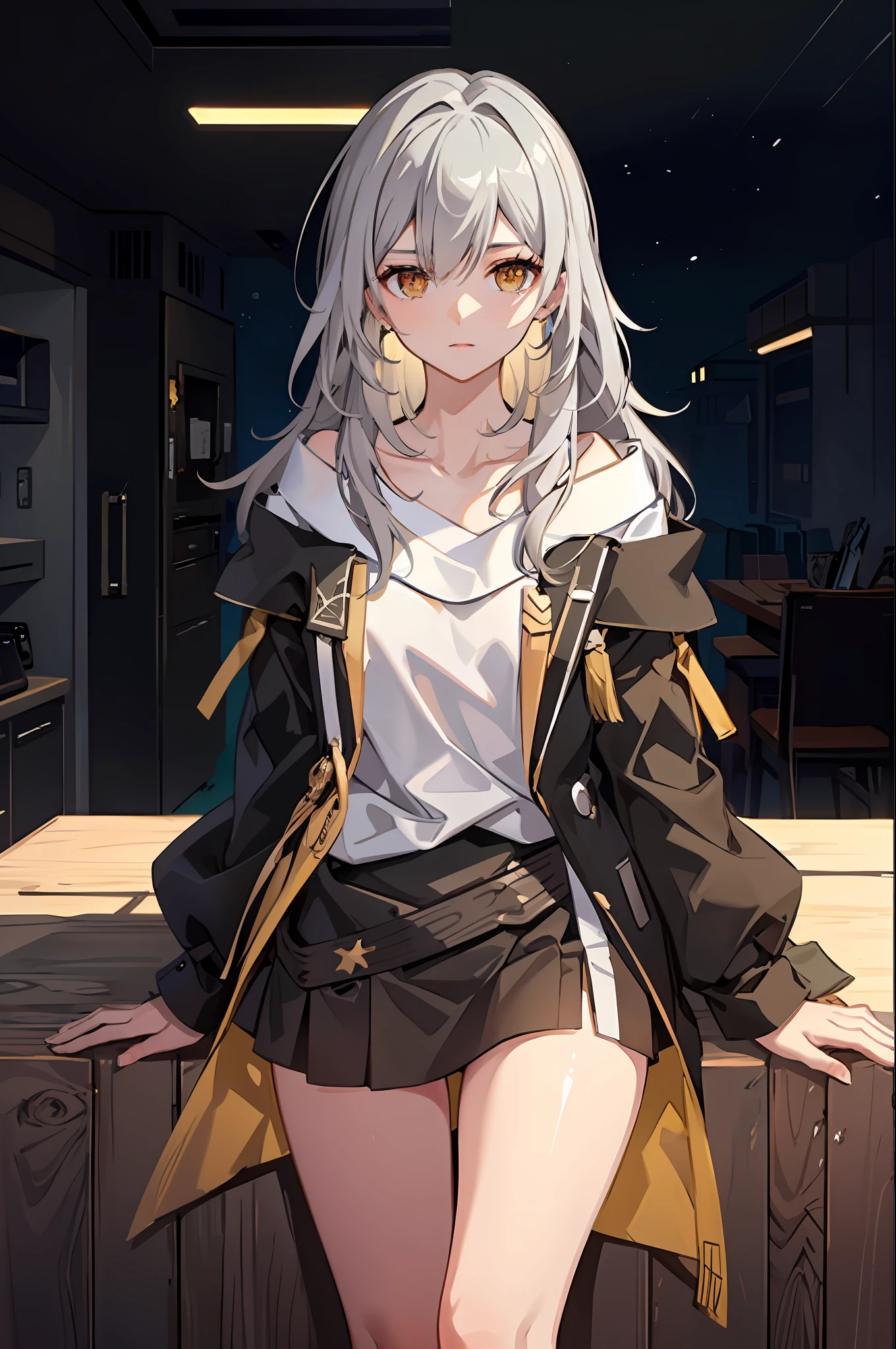 'Trailblazer (Honkai Star Rail), black jacket, white shirt, skirt,(extremely detailed CG unity 8k wallpaper), (best quality), (ultra-detailed), (photorealistic),wallpaper,best quality,extremely detailed eyes and face, beautiful detailed eyes,light on face,nice detailed eyes,18year old,cheek color,Look at the camera,cute,Golden eyes,Silver hair