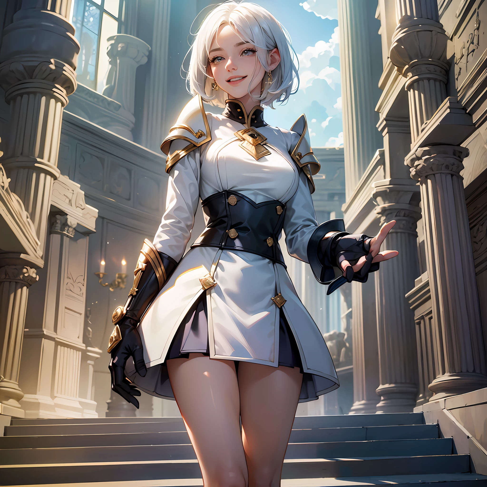 Full body, white hair, ((Dragoon: 1.2)), blunt head, masterpiece, best quality, official art, extremely detailed CG unity 8k wallpaper, 1 girl, super high resolution, (realism: 1.4), gold Slot Lighting, Sweater Dress, (Upper Body), (Baby Sal: 1), (Platinum Short Hair: 0.8), ((Puffy Eyes)), Looking at Viewer, Facing Front, Smiling, Laughing, Medium Breasts, Top, gloves, short hair, --auto --s2