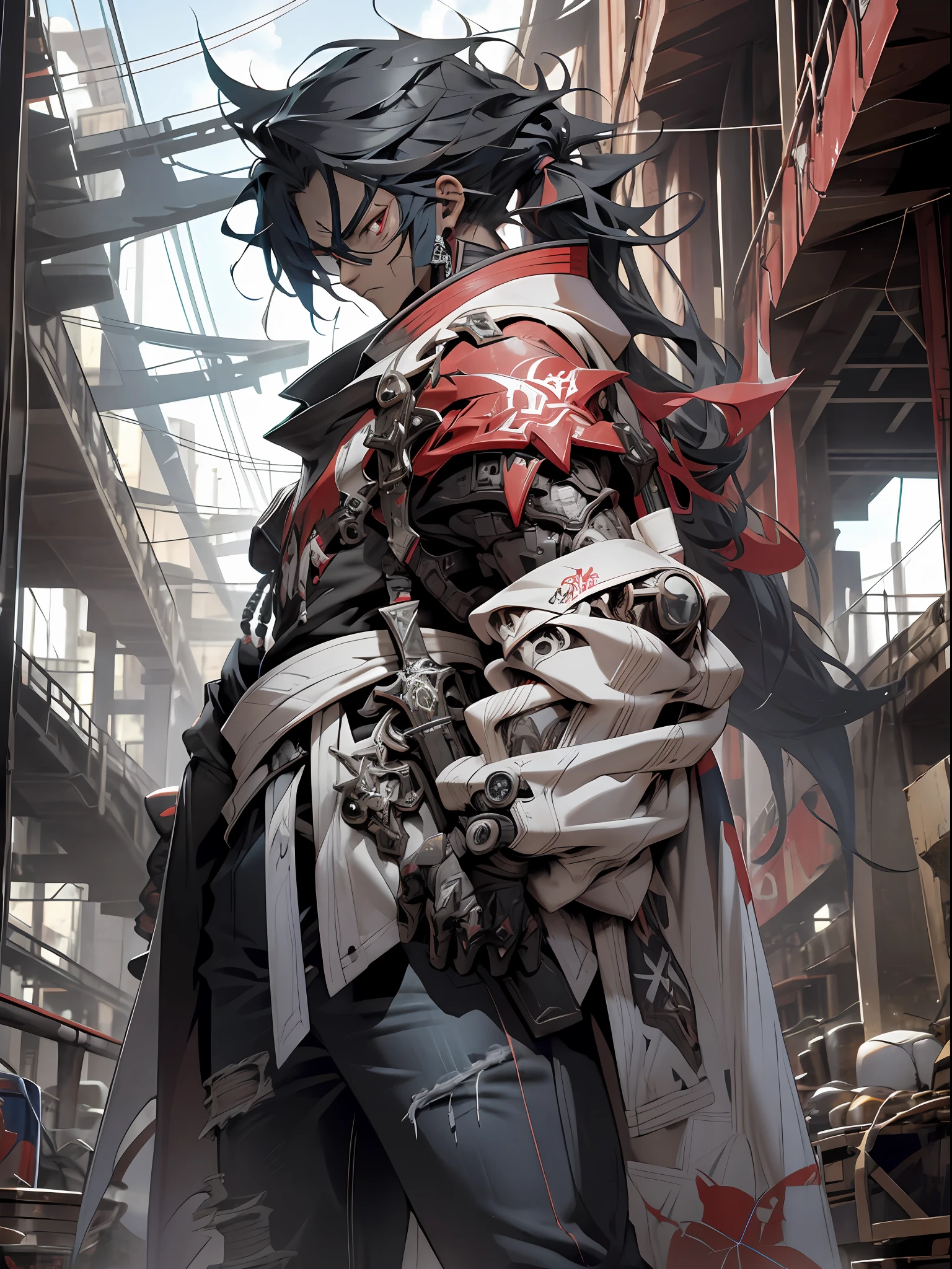 ultra furious futuristic male warrior with the power to destroy everything around him, arms with technological coverage in circular details super defined and ultra embossed details in tattoo style in the colors red, white, black in gradient style, steel rods on the back, jeans with tribal tattoo print, short black hair, shudder pose preparing for battle, ultra colorful destroyed scenery, text, Japanese graffiti letters, perfect GUILTY GEAR -STRIVE style