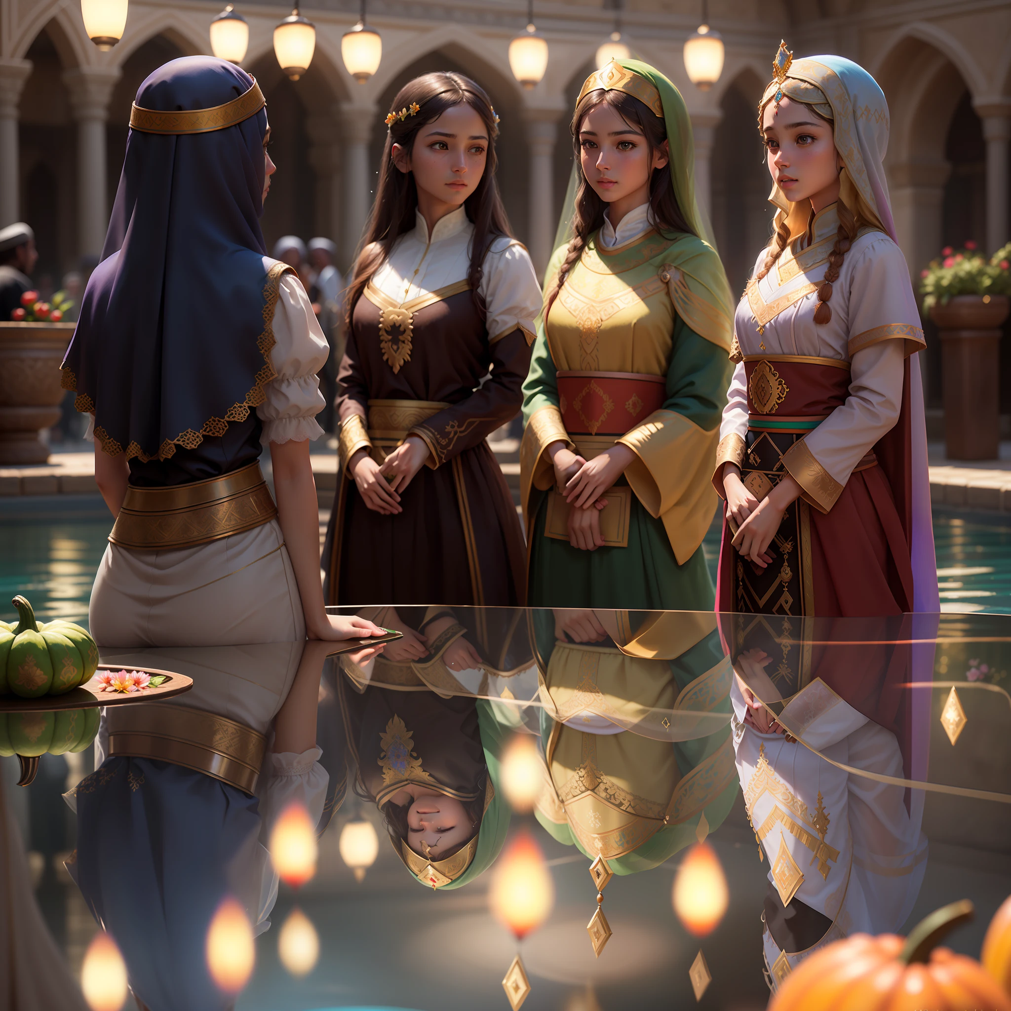 Highly detailed RAW color photography, two young girls, European, Arab, black, Asian, (squash dance), spectators, (Turkish sultan's harem), (near the pool), outdoor, back, (slim), (detailed skin), (detailed lips), (detailed eyes), (flowers, fruits), (rainbow bridge: 1.4), (fantasy), (detailed face), (figures), detailed eyes, chromatic aberration, depth of field, soft lighting, masterpiece, best quality, intricate, (reflection: 0.7), (Bloom: 0.7), particle effects, ray tracing, tone mapping, high detail, concept art, smoothness, sharp focus, dramatic lighting, highly detailed illustrations, cinematic, hyper-realistic painting, 8K, incredible shadows, realism (highly detailed background: 1.2)