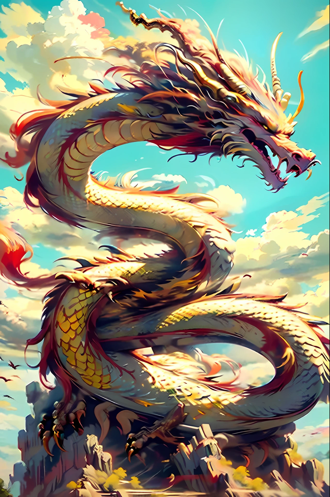 Best quality, masterpiece, ultra high res, nude non-humans, (long: 1.2), sky, yellow eyes, red clouds, scales, oriental dragon, open mouth, sharp teeth, flying, horns, teeth, day, claws, fangs, blue sky