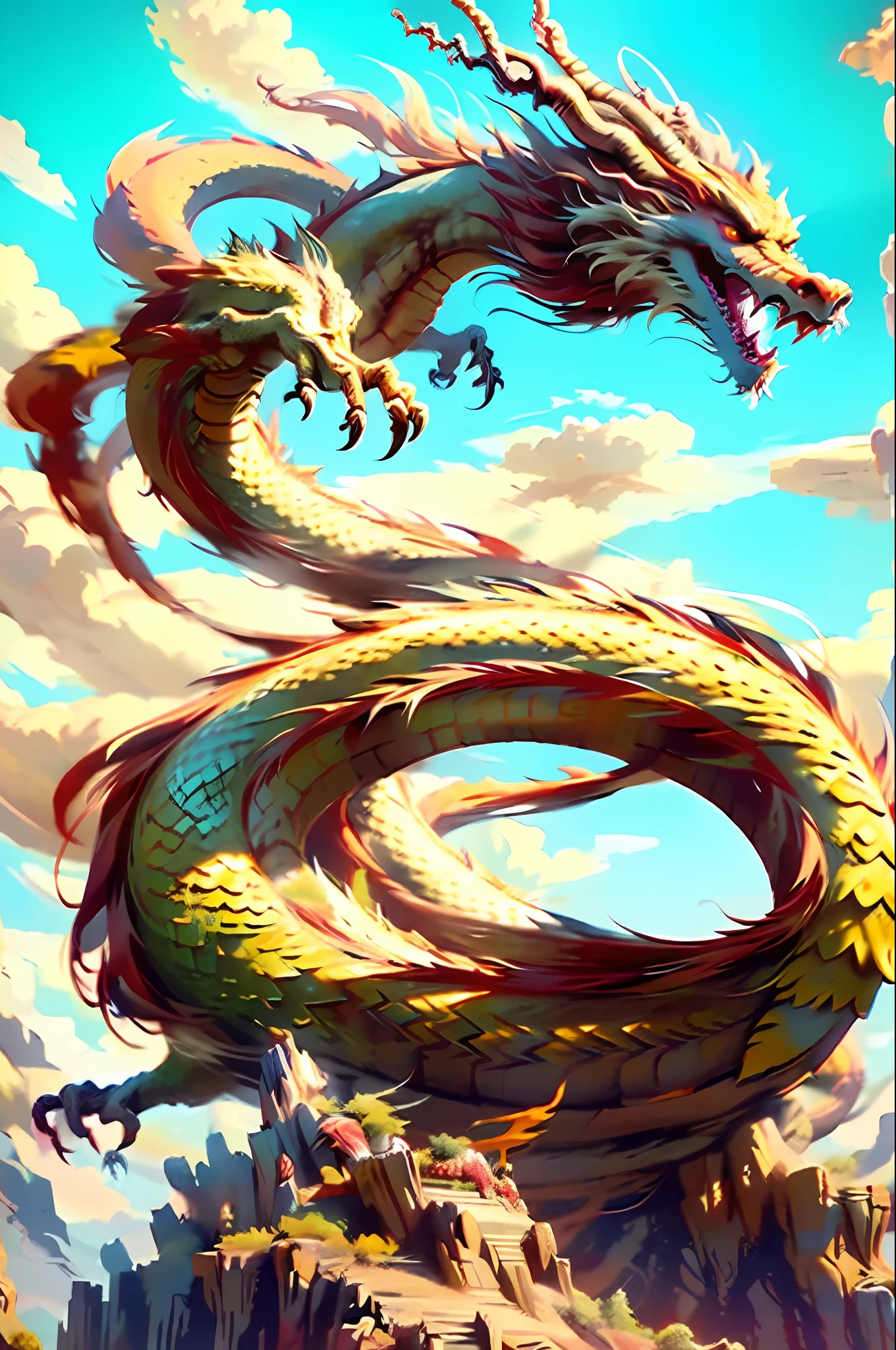 Best quality, masterpiece, ultra high res, nude non-humans, (long: 1.2), sky, yellow eyes, red clouds, scales, oriental dragon, open mouth, sharp teeth, flying, horns, teeth, day, claws, fangs, blue sky