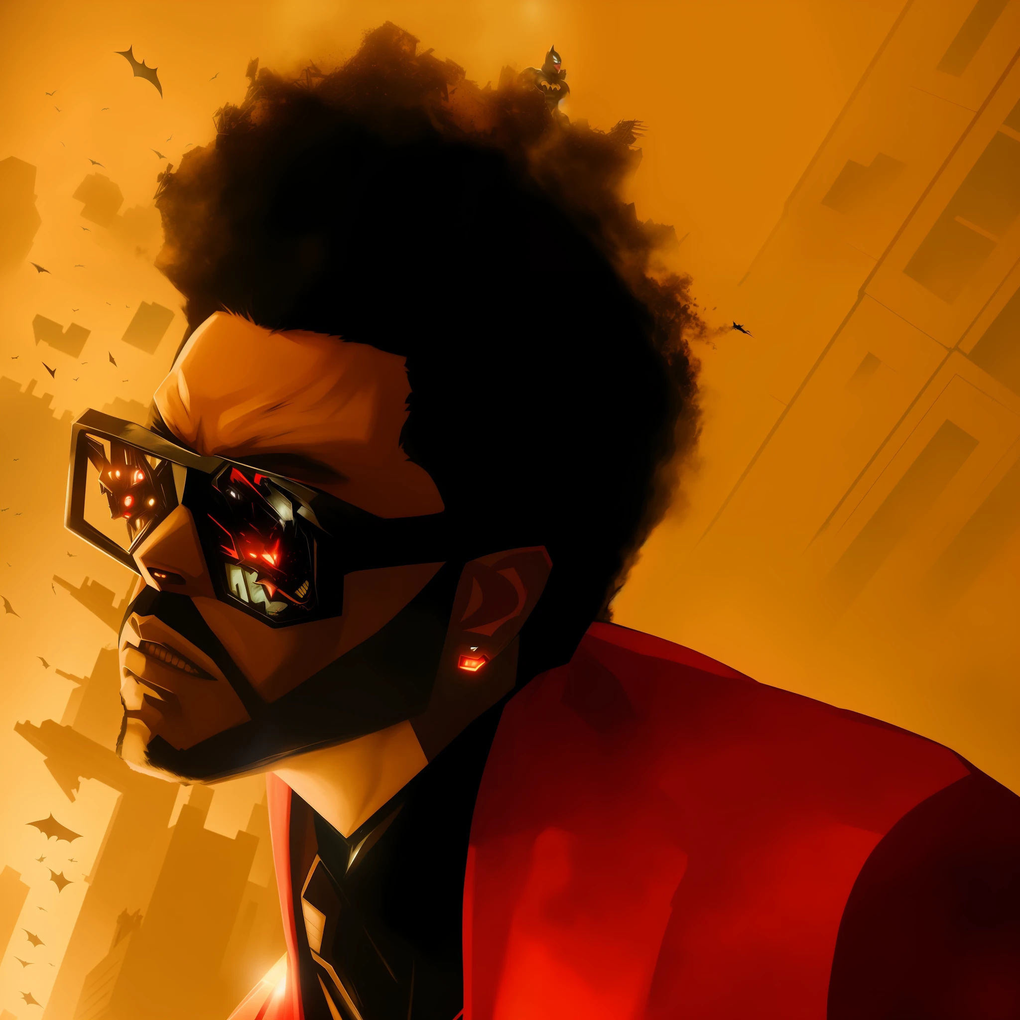 comic book illustration of (THE WEEKND BATMAN BEYOND:1.1), superman, looking up at the sky, scary mask, (facial focus:1.2), (destroyed city:1.2), 8k, (Building rubble:1.4) background, looking at the viewer, realistic, masterpiece, high quality, backlighting, (lens flare:1.1), (bloom:1.1), (chromatic freak:1.1), by Jeremy Lipking, by Antonio J. Manzanedo, art by Mark Bagley,