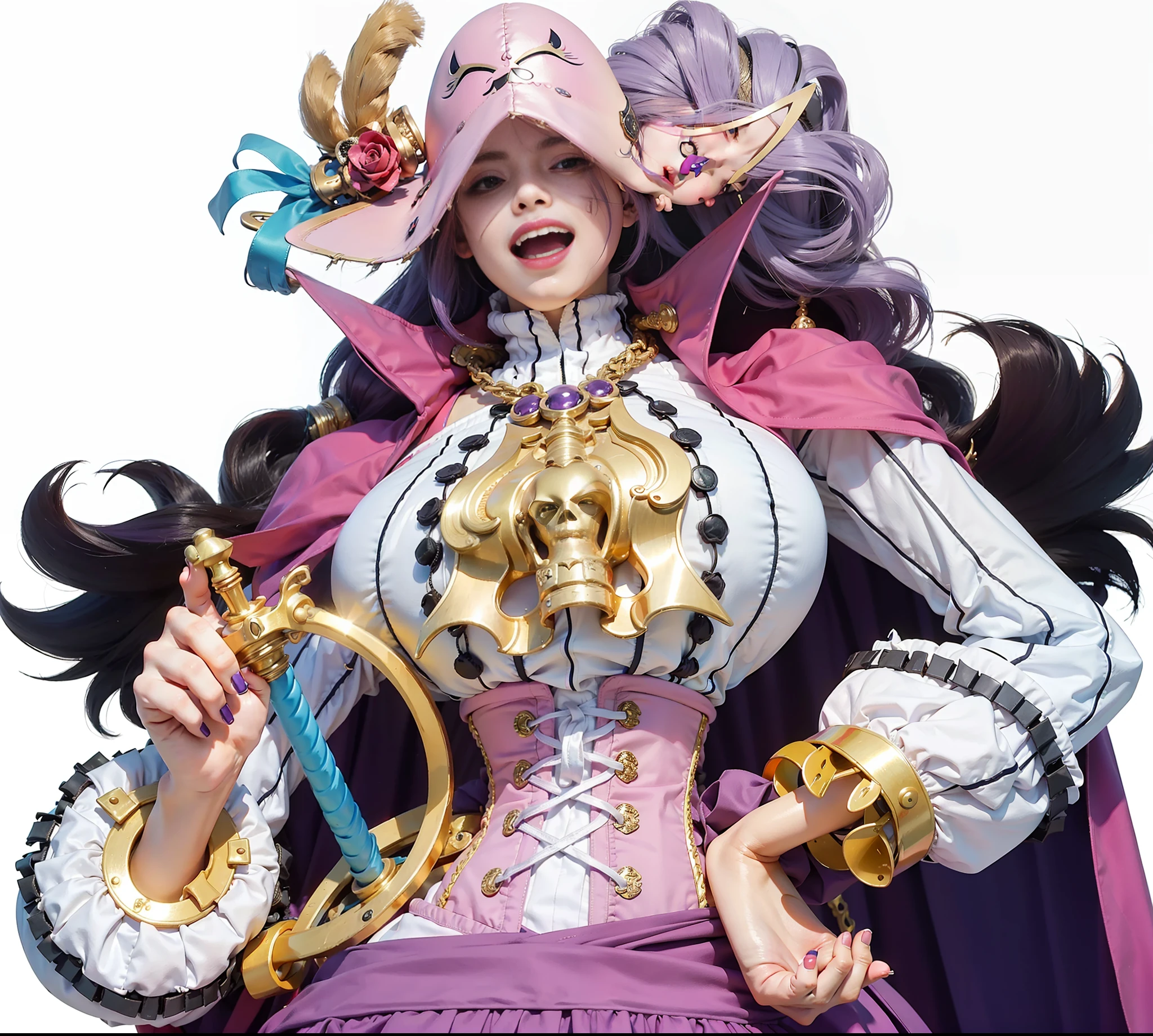 (female:1.2) (bodybuilder:0.8), masterpiece, photorealistic, 1girl, standing, large breasts, evil smile, open mouth, long hair, pirate hat, purple hair, pink corset, holding sword
