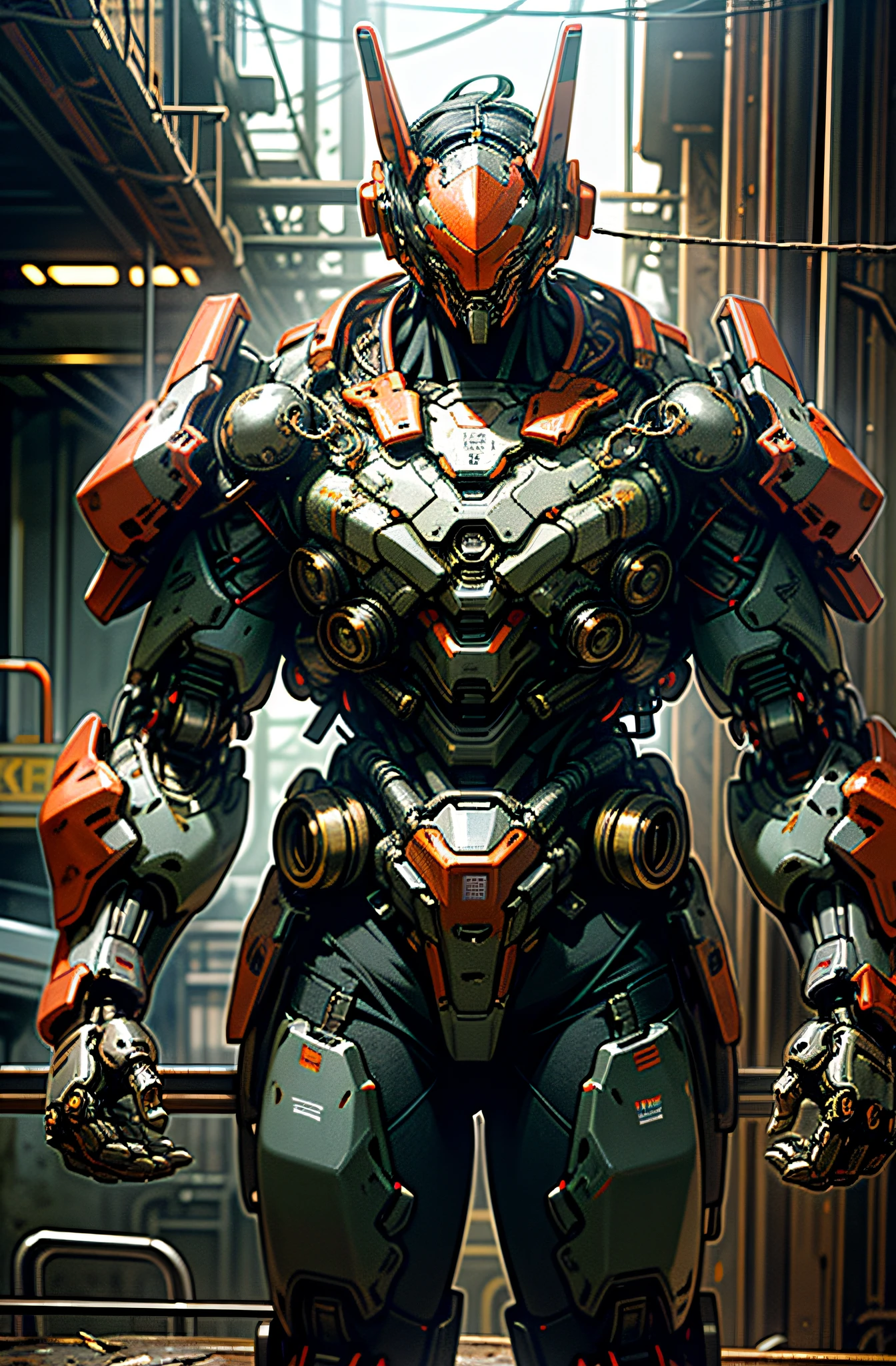 Dark_Fantasy,Cyberpunk,(chain saw,chain saw man,Red:1.1),1man,Mechanical marvel,Robotic presence,Cybernetic guardian, wearing a worn-out mech suit, intricate, (steel metal [rusty]), elegant, clear focus, shot by greg rutkowski, soft lighting, vibrant colors, masterpiece, ((street)), cowboy shot, dynamic pose,