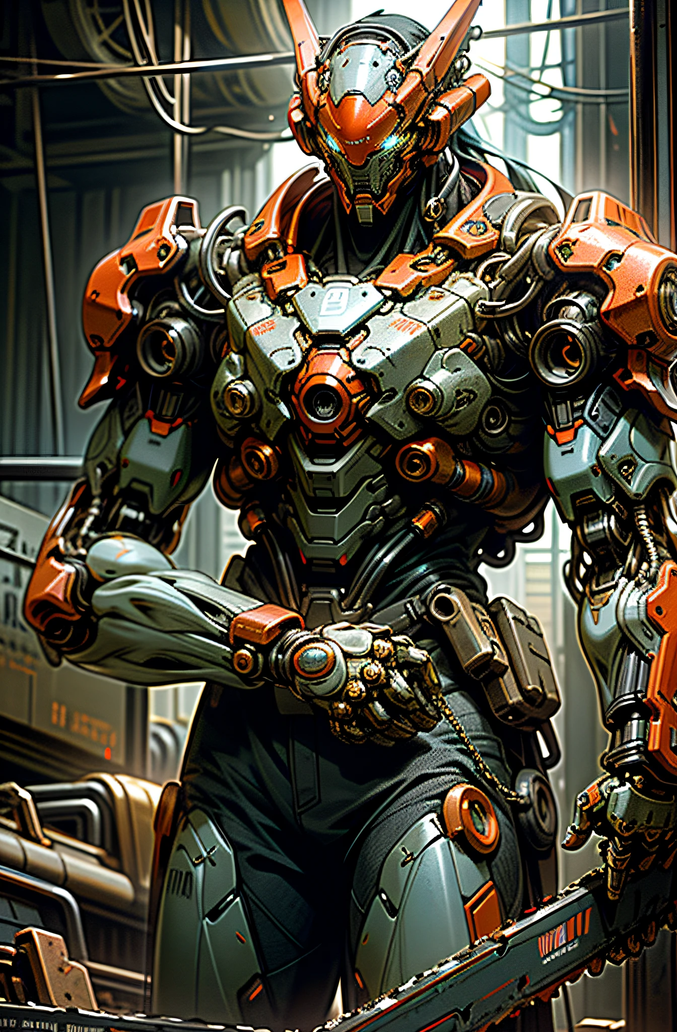 Dark_Fantasy,Cyberpunk,(chain saw,chain saw man,Red:1.1),1man,Mechanical marvel,Robotic presence,Cybernetic guardian, wearing a worn-out mech suit, intricate, (steel metal [rusty]), elegant, clear focus, shot by greg rutkowski, soft lighting, vibrant colors, masterpiece, ((street)), cowboy shot, dynamic pose,