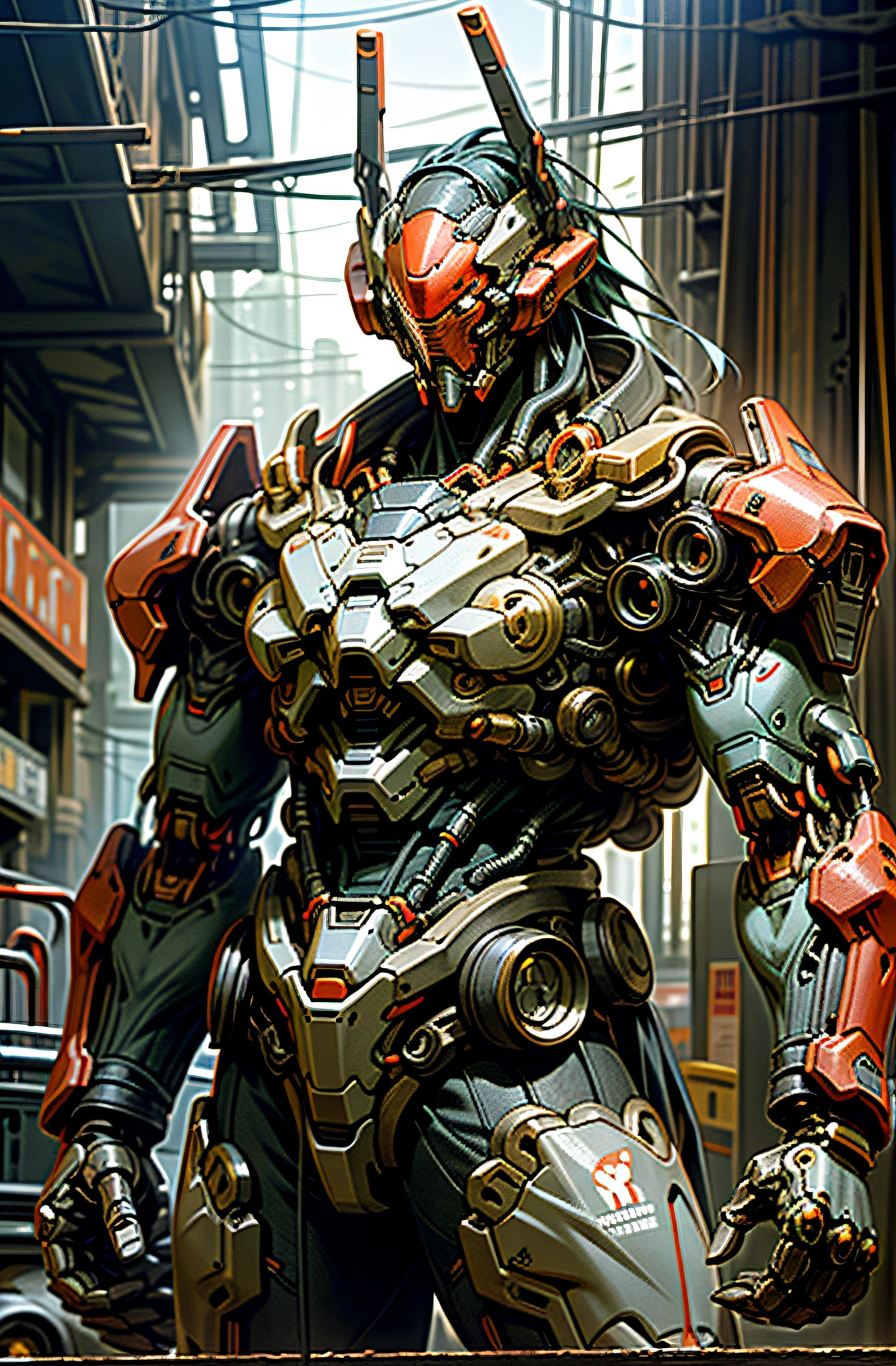 Dark_Fantasy,Cyberpunk,(chain saw,chain saw man,Red:1.1),1man,Mechanical marvel,Robotic presence,Cybernetic guardian, wearing a worn-out mech suit, intricate, (steel metal [rusty]), elegant, clear focus, shot by greg rutkowski, soft lighting, vibrant colors, masterpiece, ((street)), cowboy shot, dynamic pose,