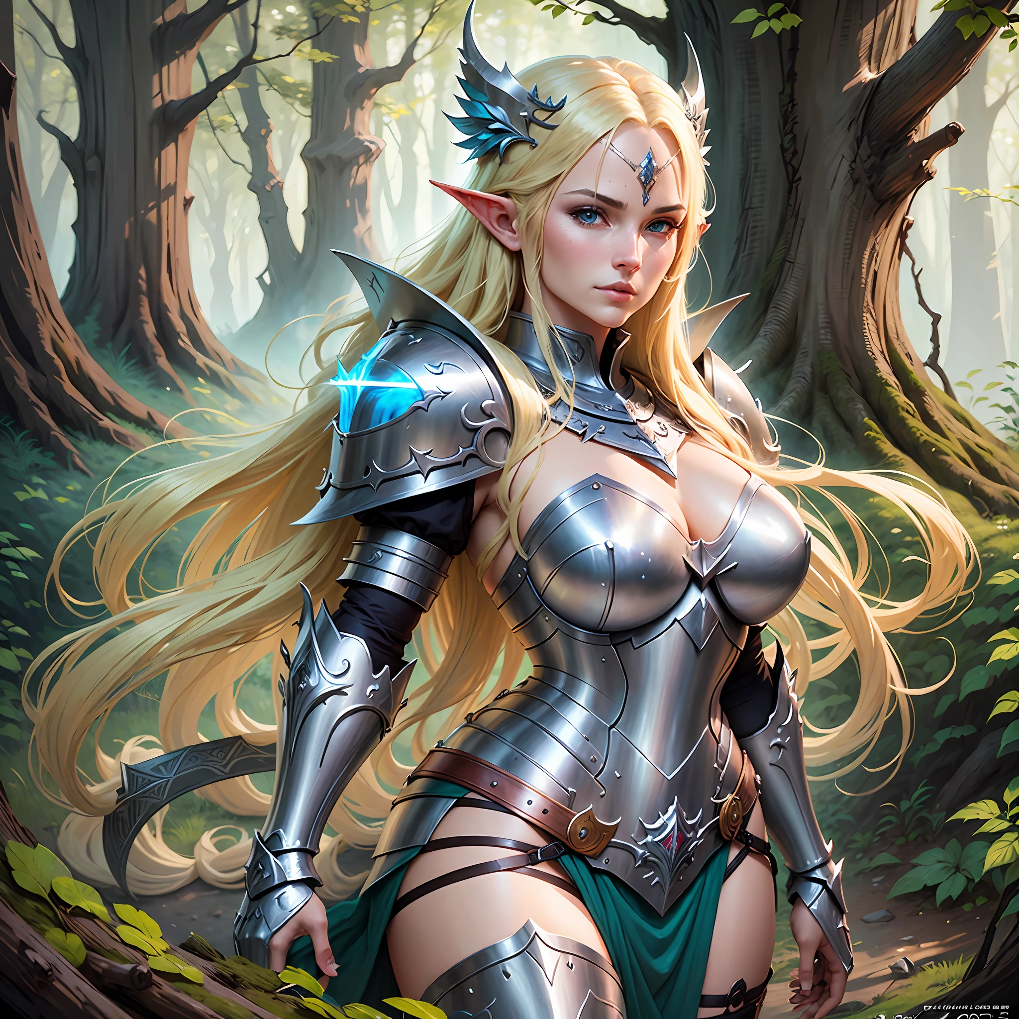Arafed woman with long blonde hair, in armor posing in a forest with a sword, elf seductive princess knight, a sexy blonde warrior, 8k fantasy art, fantasy warrior, gorgeous female paladin, Tyler Edlin fantasy art, wlop rossdraws, paladin woman fantasy, a beautiful woman knight, fantasy woman, epic fantasy art style hd,  HD Fantasy Art
