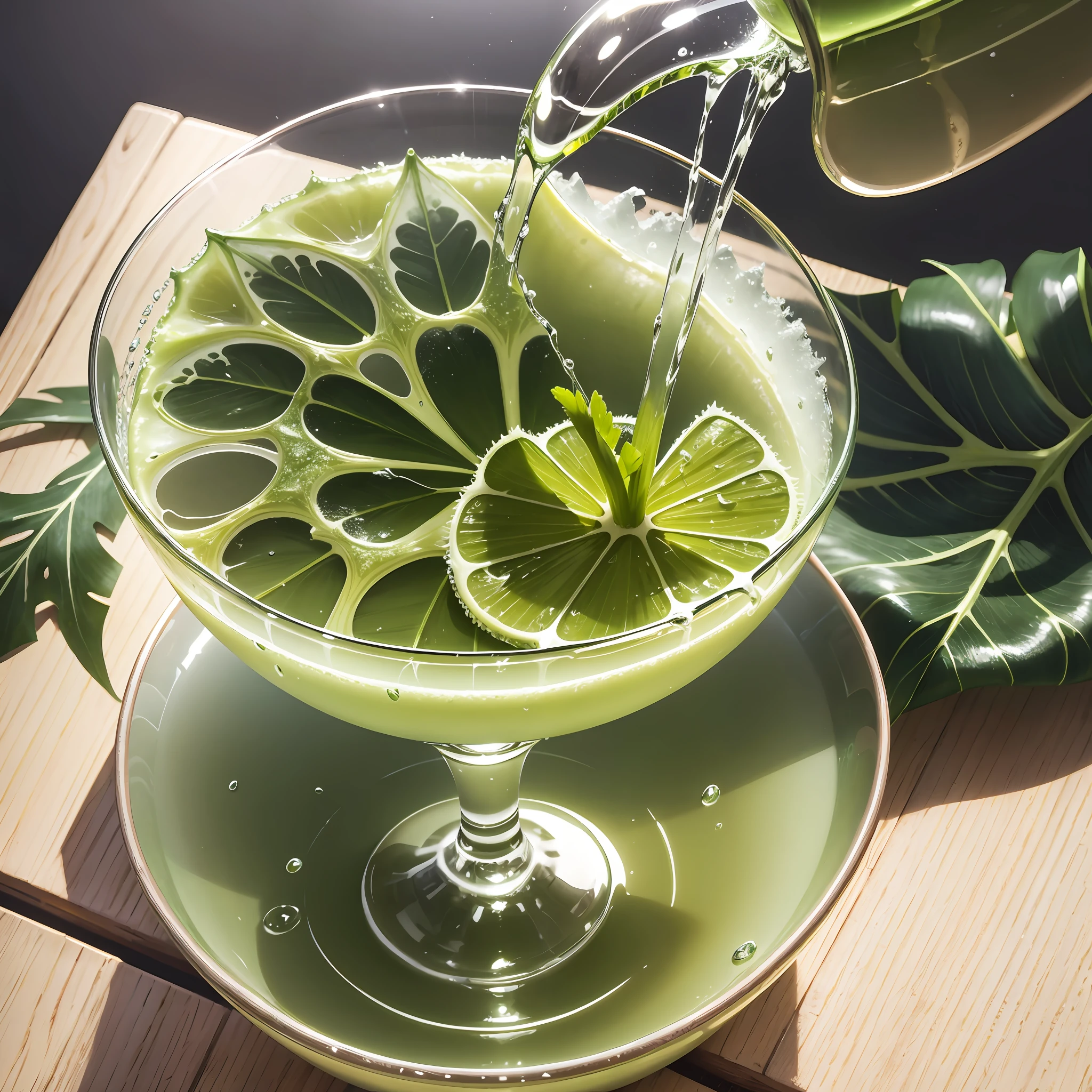 Let a drop from above of aloevera leaf, drain into a glass, cocktail glass, natural aloevera drink, aloevera, green, brand logo, perfectly designed --auto --s2