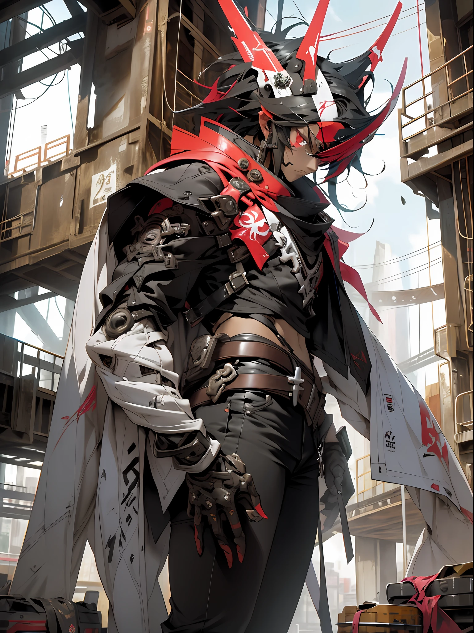 ultra furious futuristic male warrior with the power to destroy everything around him, arms with technological coverage in circular details super defined and ultra embossed details in tattoo style in the colors red, white, black in gradient style, steel rods on the back, jeans with tribal tattoo print, short black hair, shudder pose preparing for battle, ultra colorful destroyed scenery, text, Japanese graffiti letters, perfect GUILTY GEAR -STRIVE style