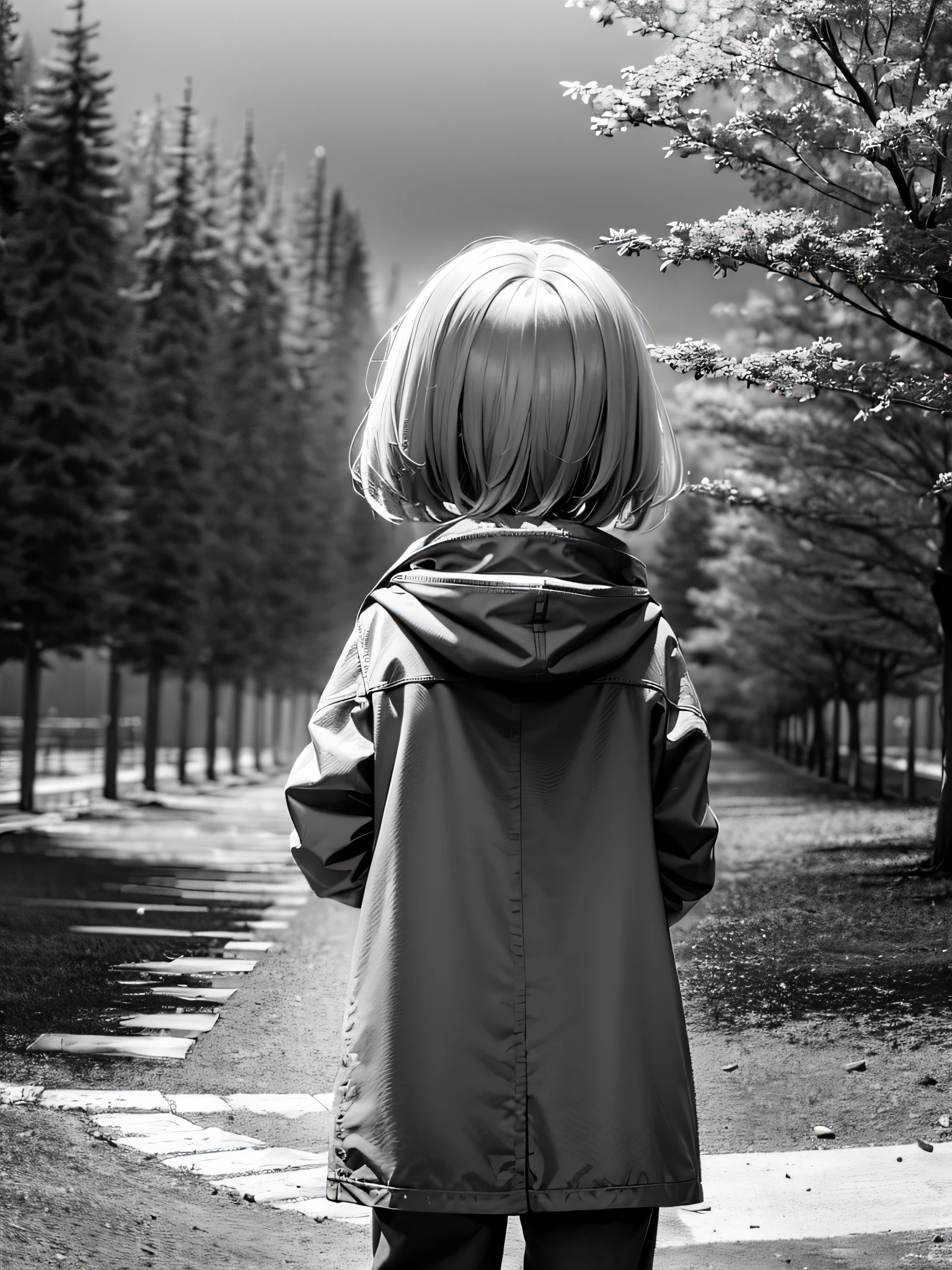 The world in shades of gray, with a sad child watching a colorless landscape. 4k resolution