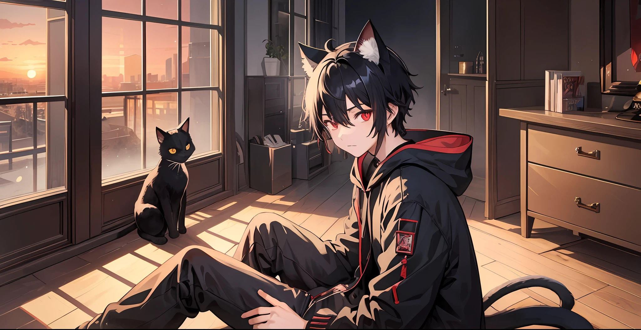 1boy, black hair, red eyes, cat ears, cat tail, staring at viewer, dark wooden living room setting, soft, sunset, modern
