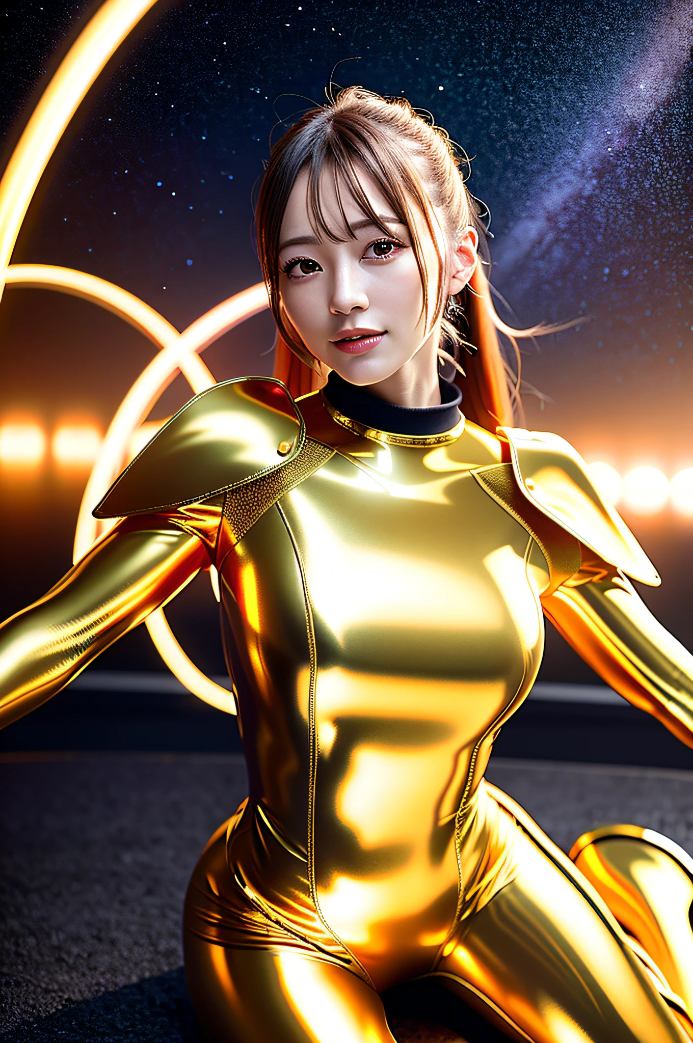 (8K, RAW photo, top quality, masterpiece: 1.2), (realistic, photorealistic: 1.4), cute, Japan girl, delicate and beautiful face, professional lighting, photon mapping, radiosity, physically based rendering, costume covering full body, shiny outfit, rubber, golden tight suit, beautiful woman with perfect figure: 1.4, , Watch viewer, CG wallpaper, blurred night view background, clear background, , golden gloves, full body, golden long boots, leaning forward astride vehicle, light smile