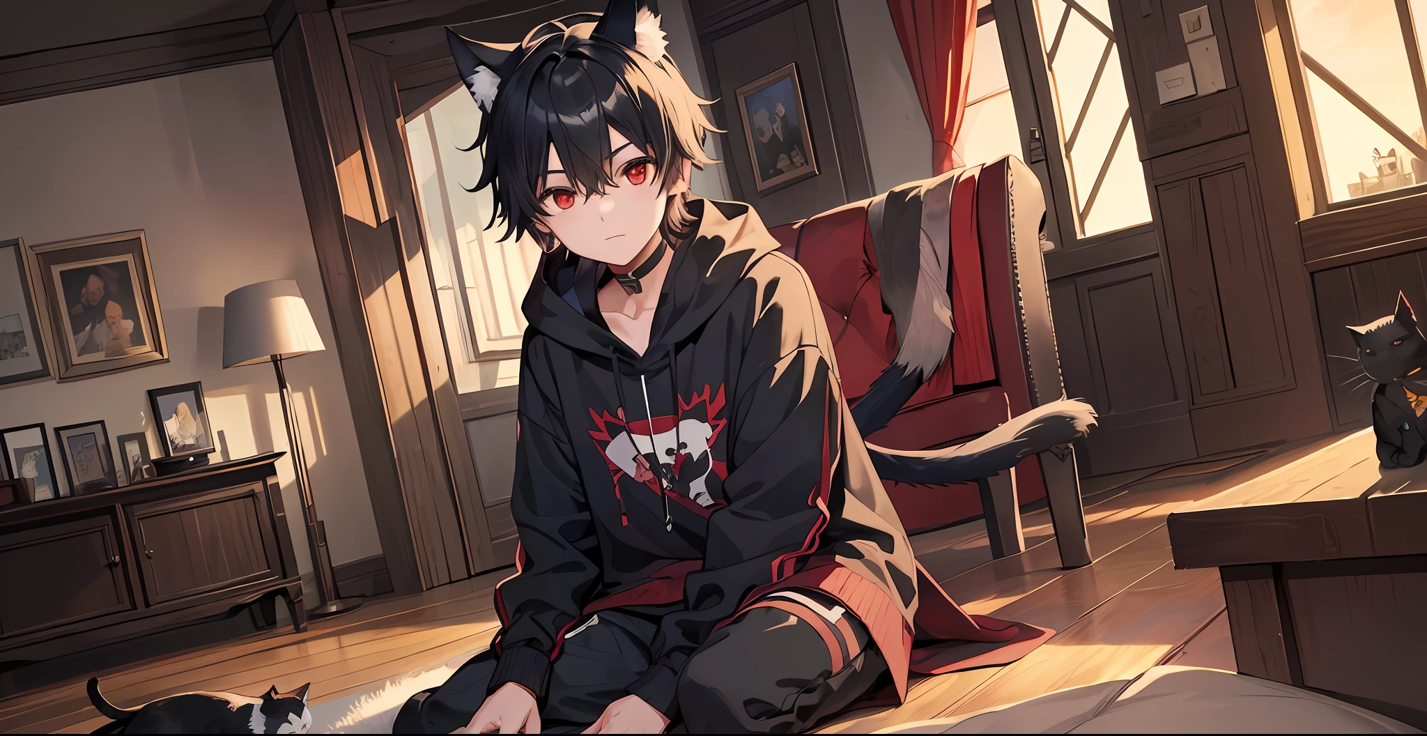1boy, black hair, red eyes, cat ears, cat tail, staring at viewer, dark wooden living room setting, soft, sunset, modern