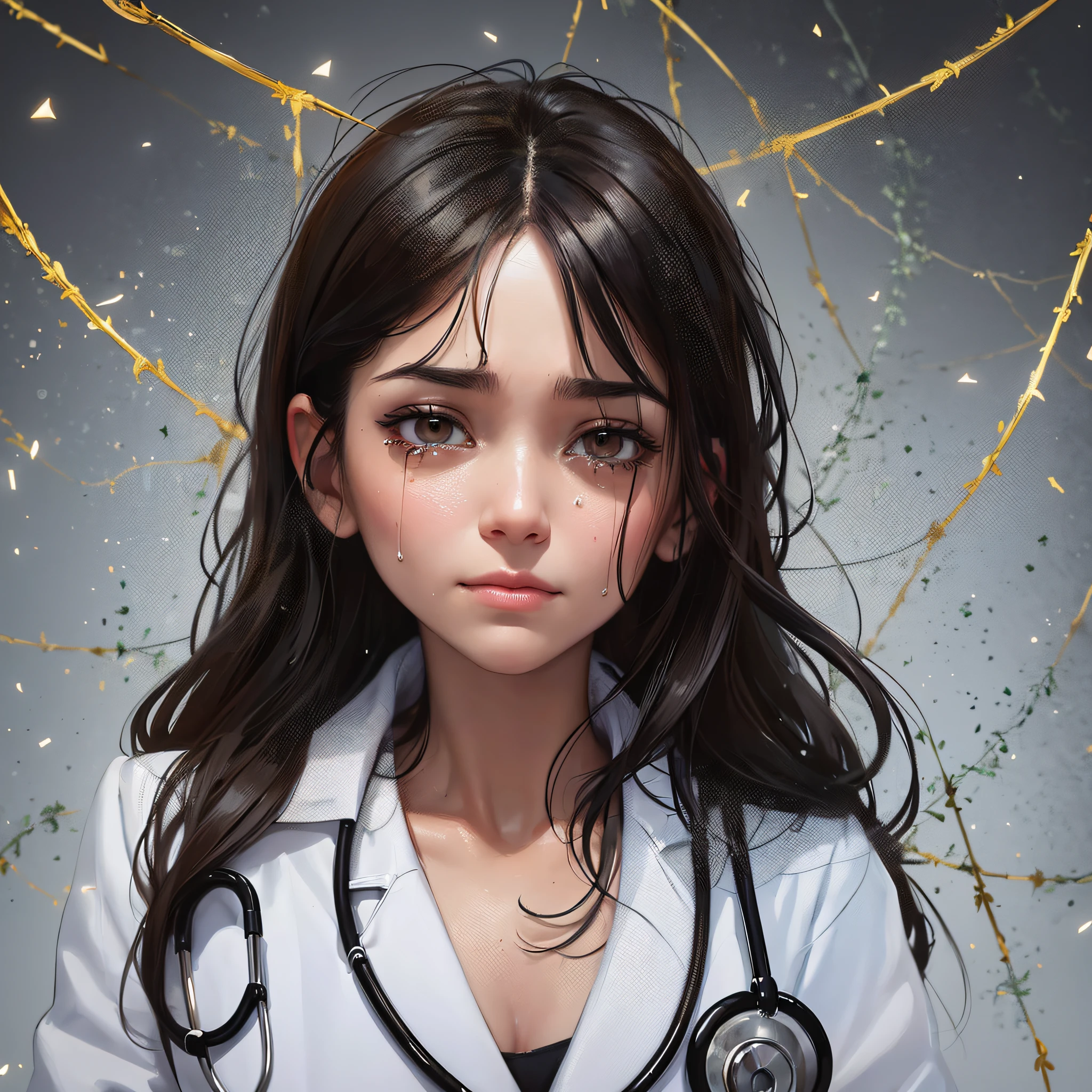 A doctor in a white lab coat and stethoscope on her neck, a light brunette, black hair, no tie, big greenish eyes, a shade of honey, is positioned in the center of the image. It is surrounded by barbed wire, which represents the sensation of pain and discomfort that fibromyalgia causes. The doctor has an expression of pain on her face, with tears in her eyes, to convey the message of the pain that the disease causes, despite the fact that she is a health professional and is used to dealing with the pain of others. --auto --s2