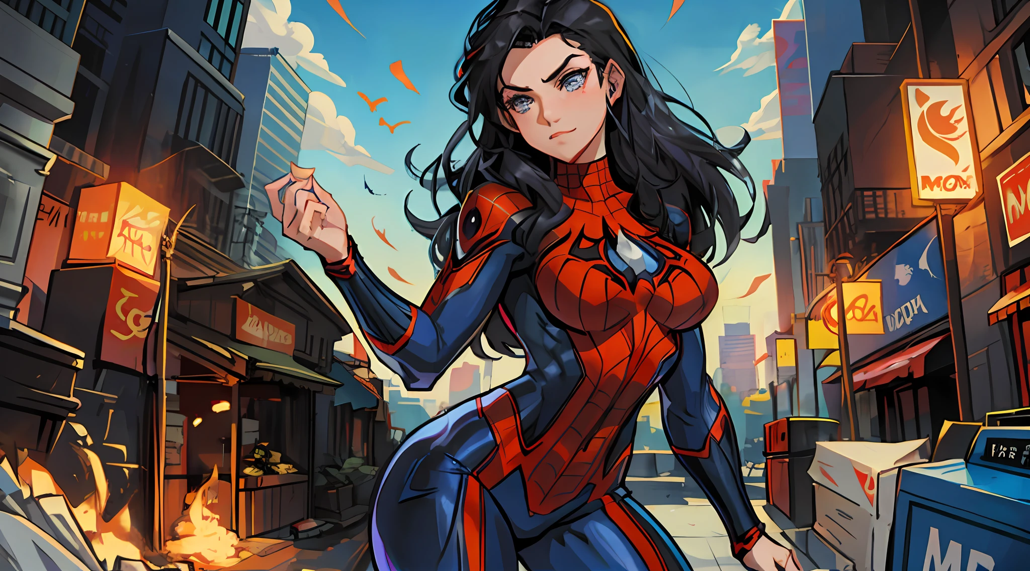 spider - woman in a city, ( ( spiderwoman ) ), spiderwoman!!!!!, spider woman, spiderwoman!!, comics style art, lois van baarle and rossdraws, jen bartel, hero, comic book art style, spider - verse art style, marvel comics style, commission for, martin ansin, marvel style, huge breasts, black hair, blue eyes, wide hips, thick thighs,