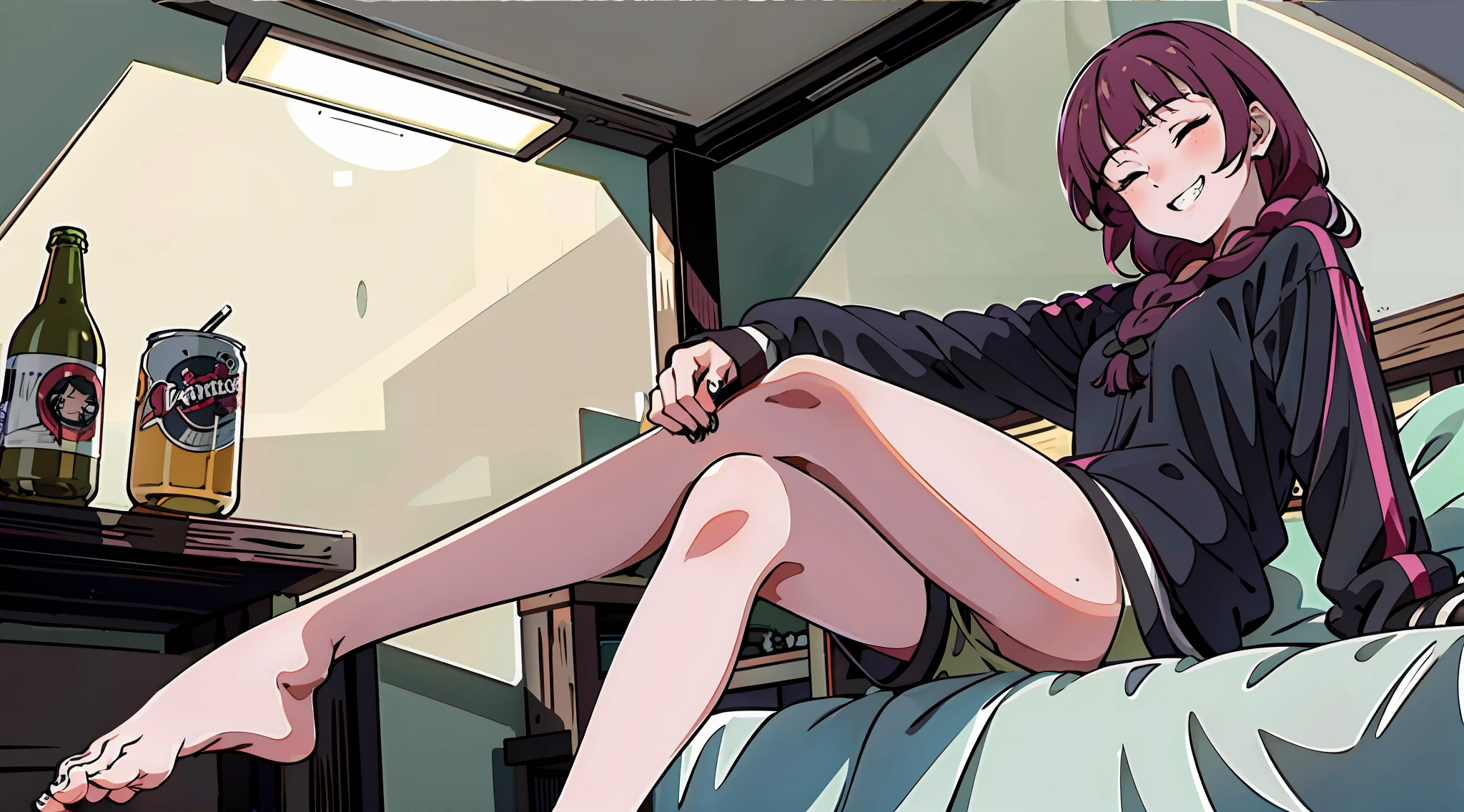 Top quality, high_resolution, distinct_image, detailed background, dark hair, dutch, drunk, drunk, bedroom, windowsill, anime, upward eyes, bare feet, slender figure, smiling showing teeth (eyes closed), crossed legs, on bed, sitting with legs crossed, overhead view, can of beer, children's room, night, black hair