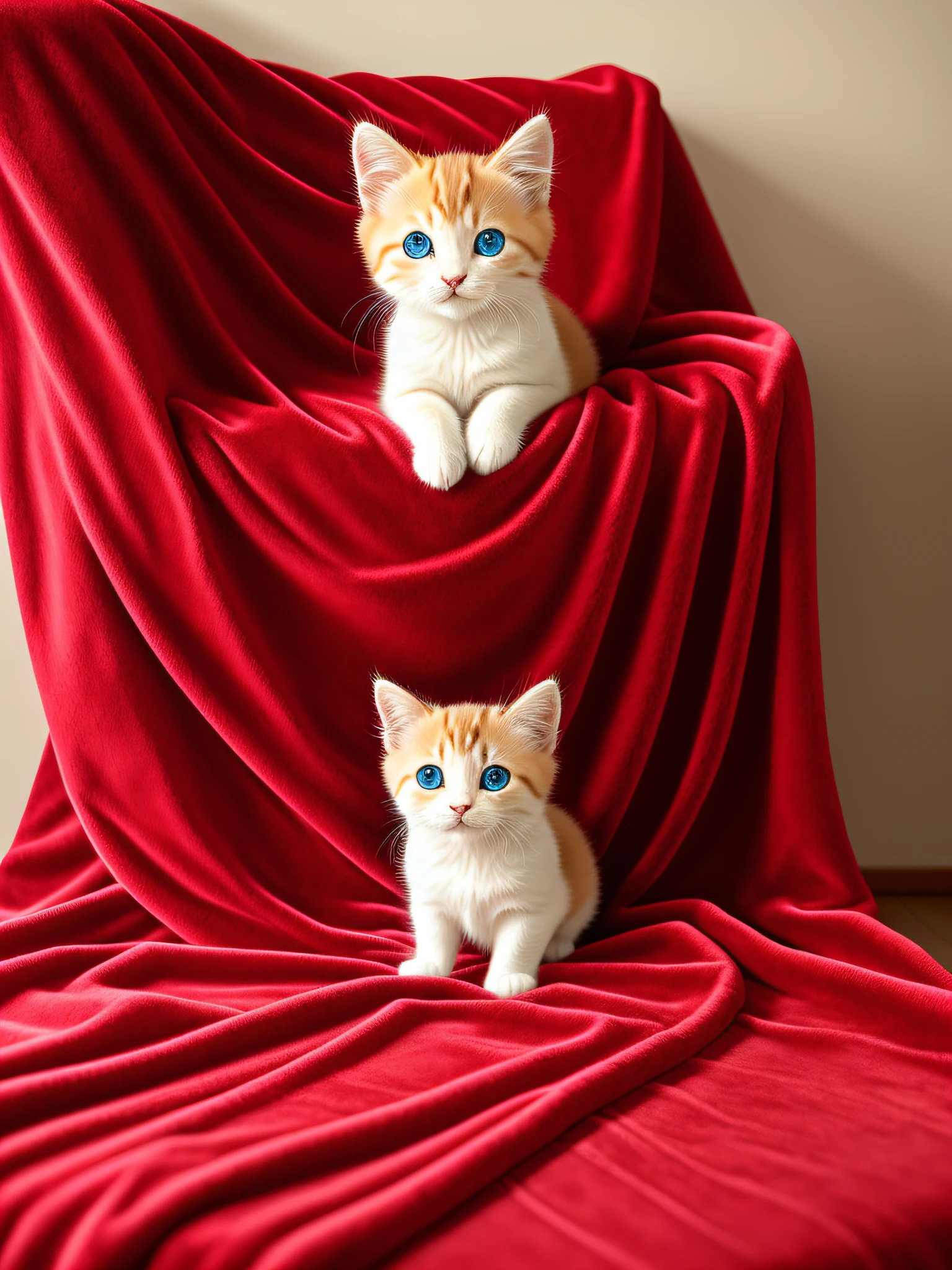 (masterpiece), best quality, extremely detailed, hyper-realistic rendering, sitting, cute kitten with blue eyes, (red velvet blanket:1.3), fluffy fur, charming gaze, (indoor:0.8), (soft lighting:1.2)