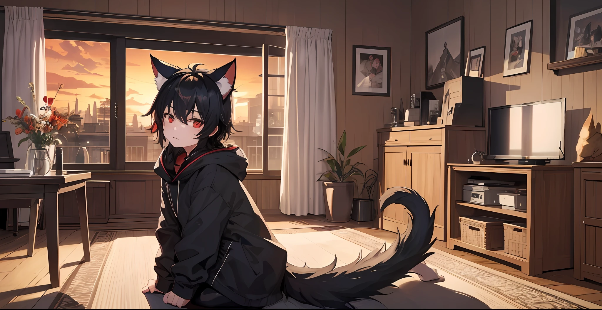 1boy, black hair, red eyes, big sharp cat ears, fluffy long cat tail, staring at viewer, dark wooden living room setting, soft, sunset, modern, 4k, wallpaper style