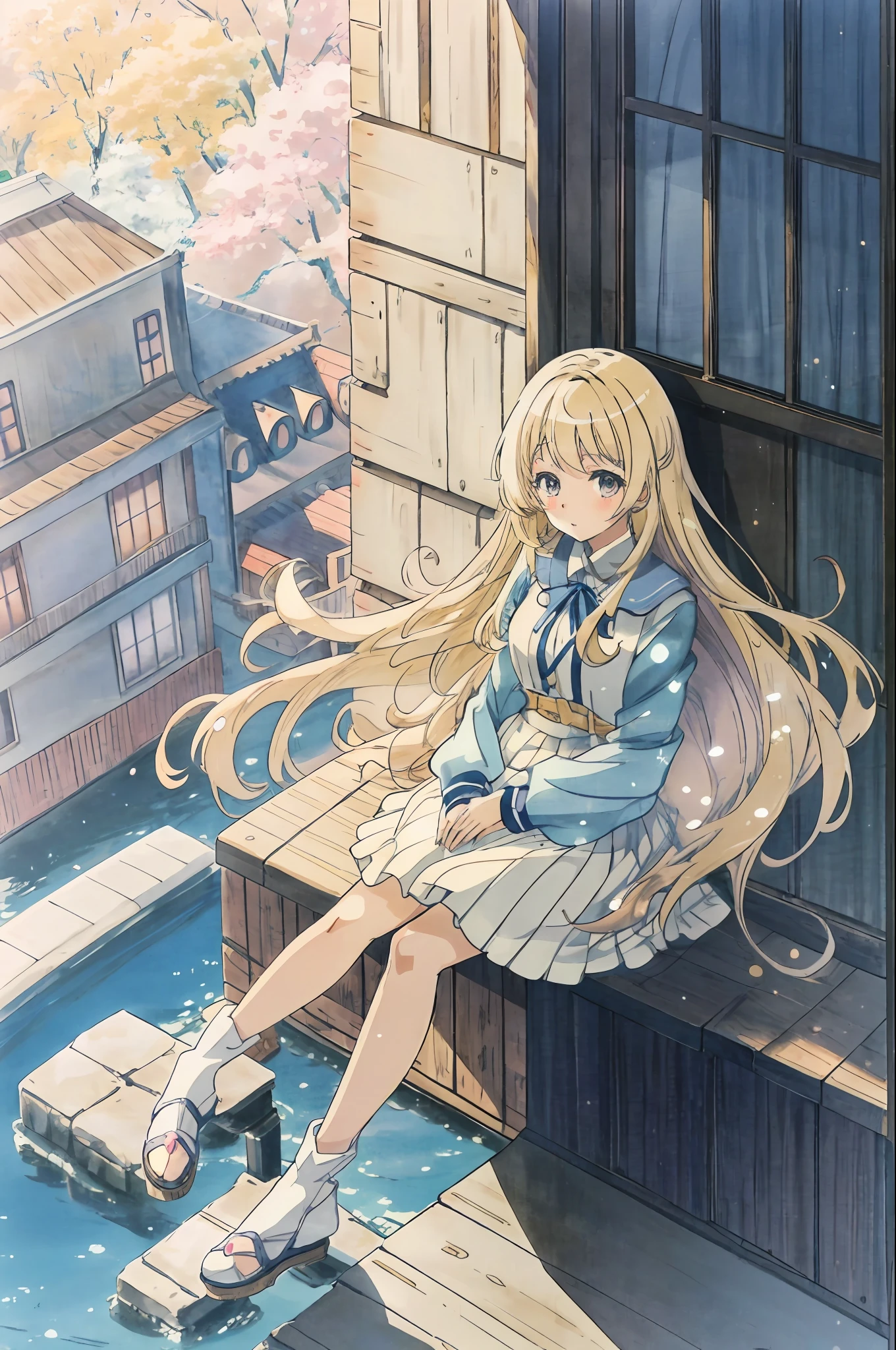 anime girl sitting on a ledge with her legs crossed, an anime drawing by Kamagurka, pixiv, fantastic realism, beautiful anime high school girl, light novel cover art, anime visual of a cute girl, blonde anime girl with long hair, smooth anime cg art, beautiful anime girl, anime moe artstyle, (anime girl), cute anime girl
