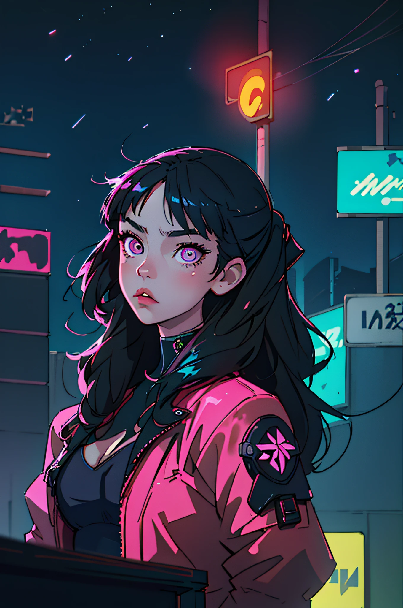 (best quality, masterpiece1.2), (detailed eye:1.2), complex detail, depth of field, 1girl, city, cyberpunk, neon, neon lights, night, moon, three-quarter view, breasts, string