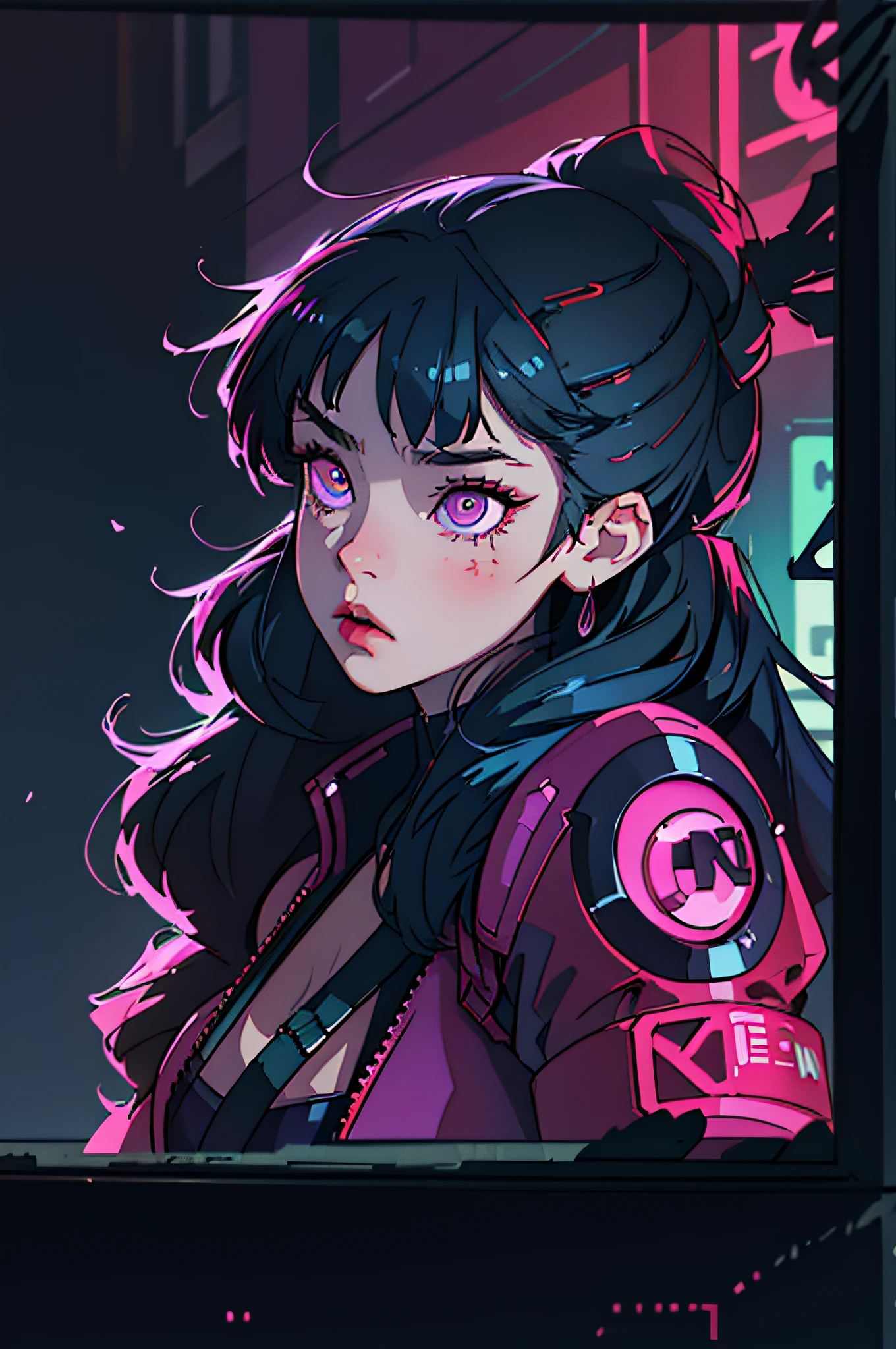 (best quality, masterpiece1.2), (detailed eye:1.2), complex detail, depth of field, 1girl, city, cyberpunk, neon, neon lights, night, moon, three-quarter view, breasts, string
