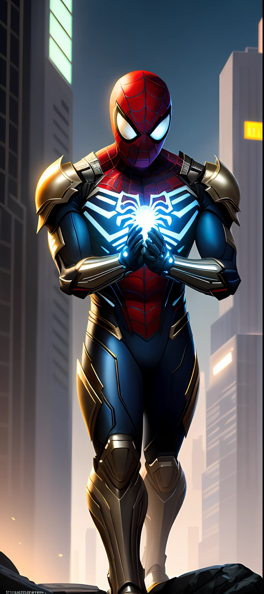 Spider-man wearing white and gold armor, cyberpunk (night city background), full body, dynamic pose, hyper-detailed painting, luminism, lighting, complex conceptual art portrait and 4k resolution by Greg Rutkowski, Artgerm, WLOP, Alphonse Mucha, small realistic pojatti fusion, isometric details bioluminescens fractals : an impressive realistic photograph, bright costume,