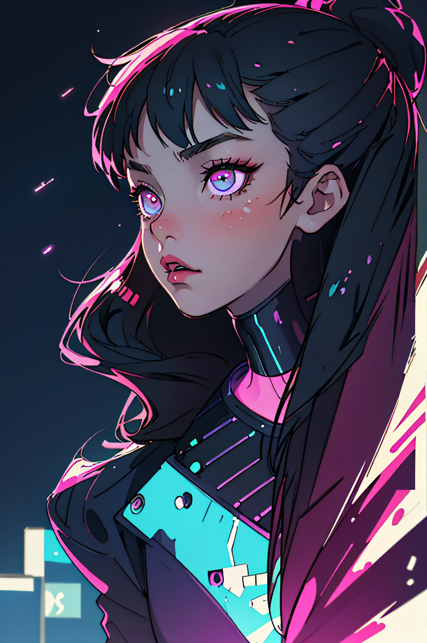 (best quality, masterpiece1.2), (detailed eye:1.2), complex detail, depth of field, 1girl, city, cyberpunk, neon, neon lights, night, moon, three-quarter view, breasts, string
