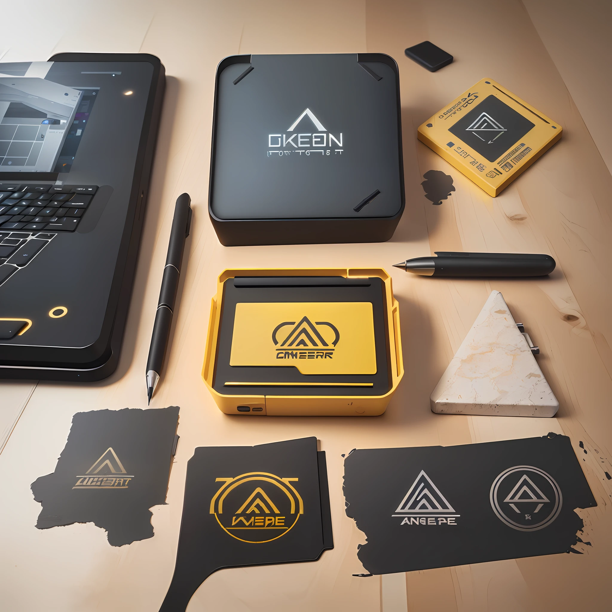 a close up of a laptop, pen, and other items on a table, 3 d product render, packshot, product render, 2d solid shape logo, product design render, product design shot, on a dark background, official product photo, logo graphic design, industrial design concept, logo design, logo concept design, product design concept, patch logo design, coherent design