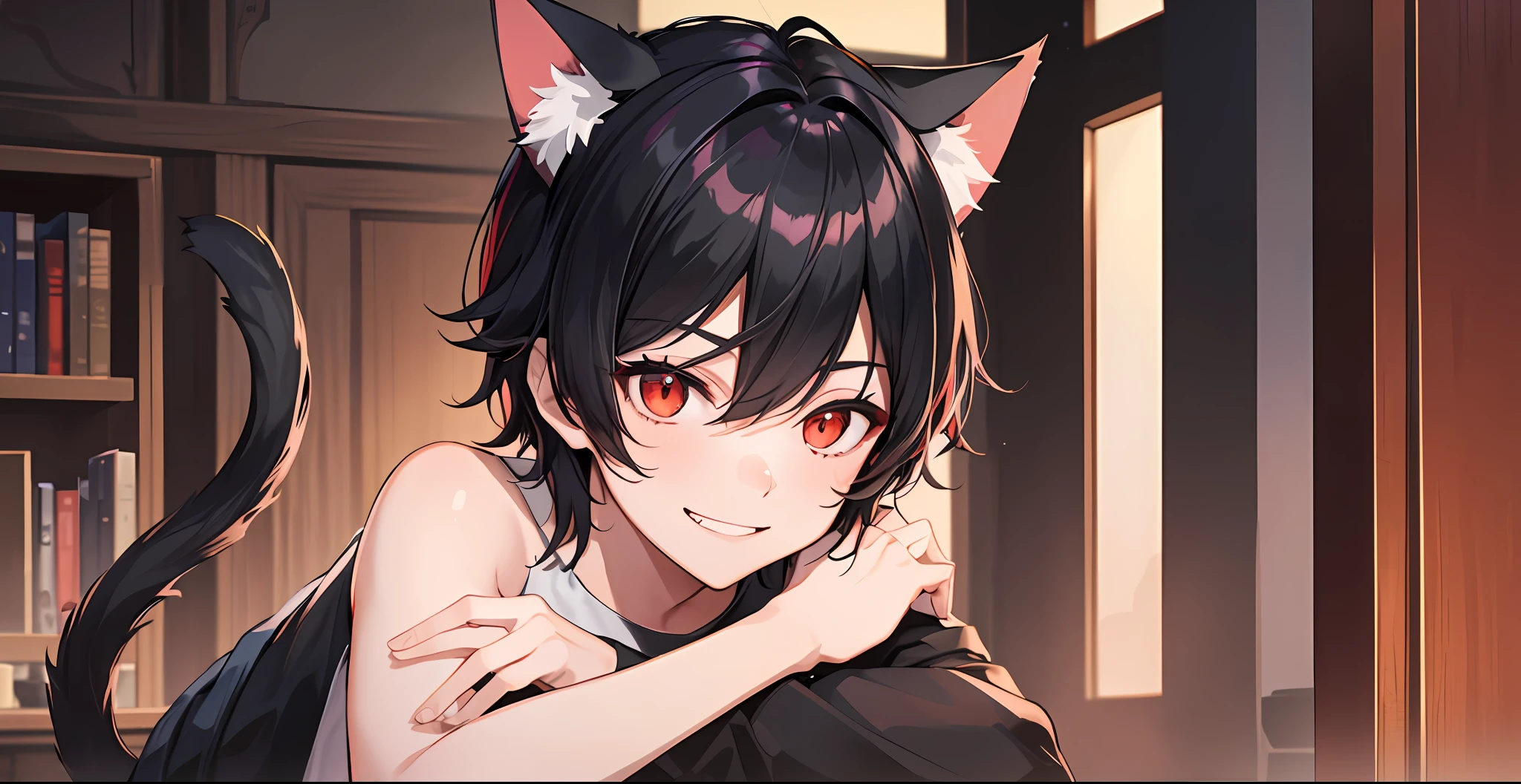 1boy, black hair, red eyes, big sharp cat ears, fluffy long cat tail, staring at viewer while grinning, dark wooden living room setting, soft, sunset, modern, 4k Resolution
