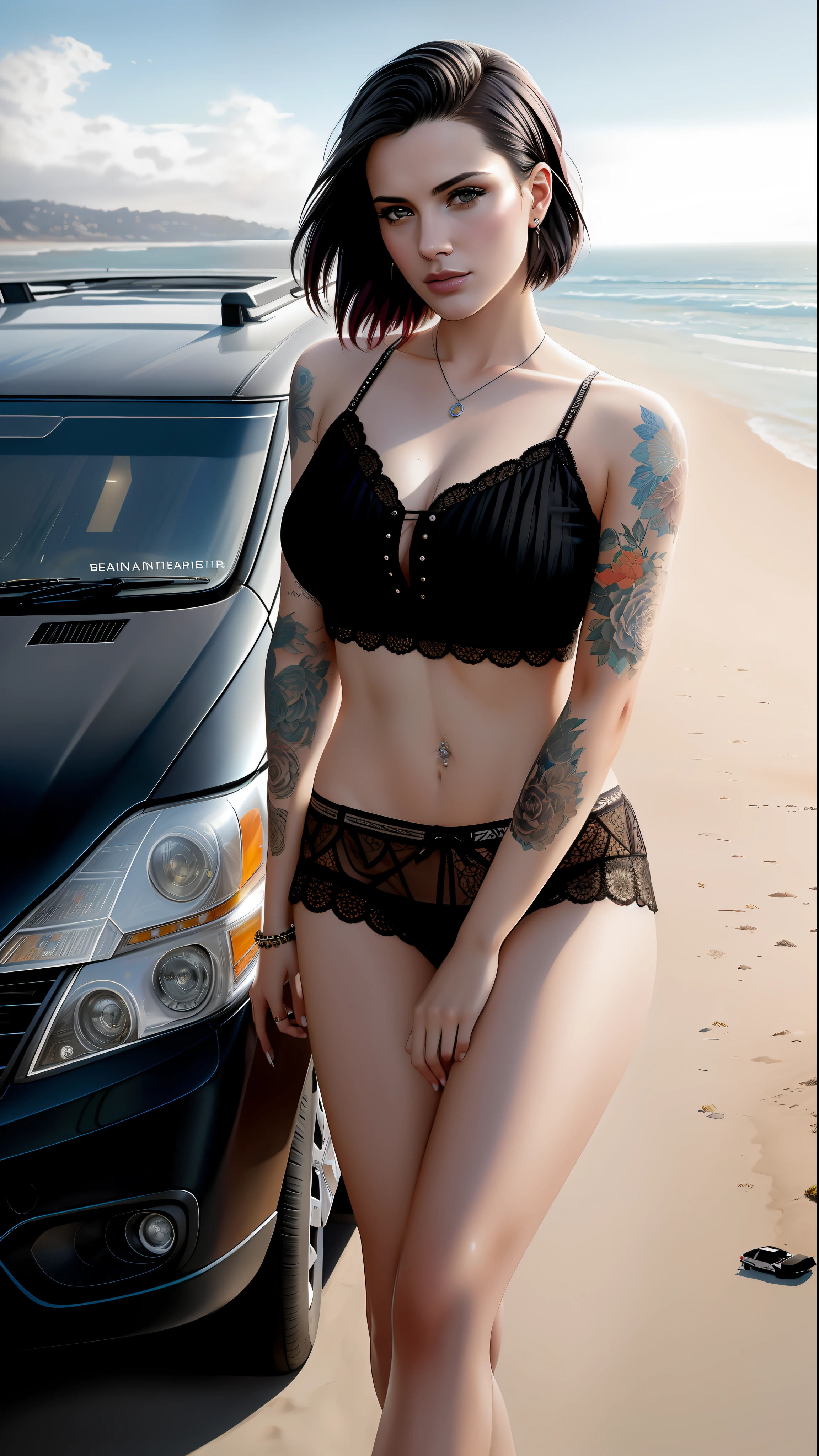 photo of the most beautiful artwork in the world featuring a modern punk woman, leaning against a van on a California beach, trending on ArtStation, CGSociety, Intricate, High Detail, Sharp focus, dramatic, photorealistic painting art by greg Rutkowski
