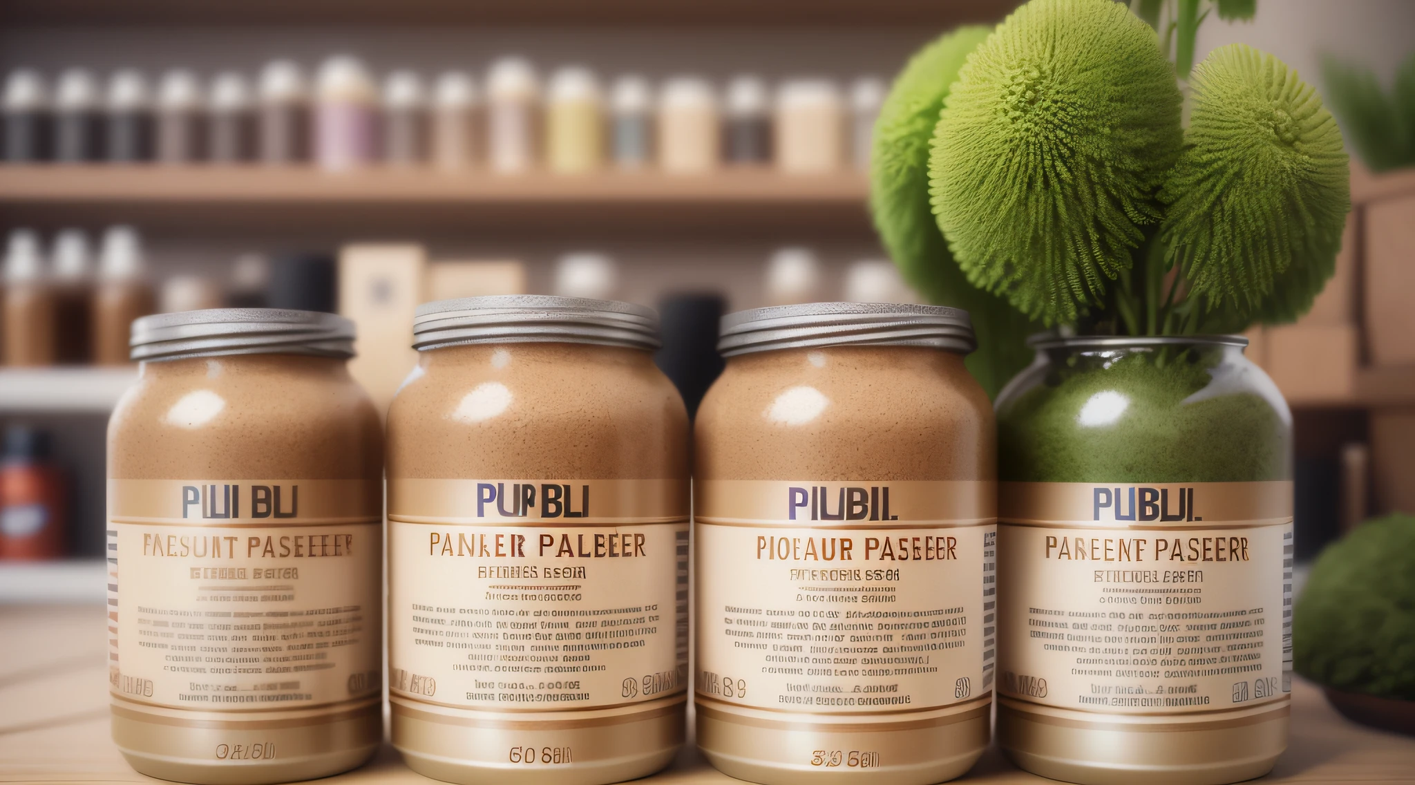 three jars of peanut butter sit on a table next to a vase of flowers, pbr render, pbr materials, pbr textures, pbr material, pbr texture, product render, substance render, stylized pbr materials, powder, stylized pbr, photo product, large jars on shelves, commercial product photography, pallid skin, packshot, 3 d product render, detailed product photo
