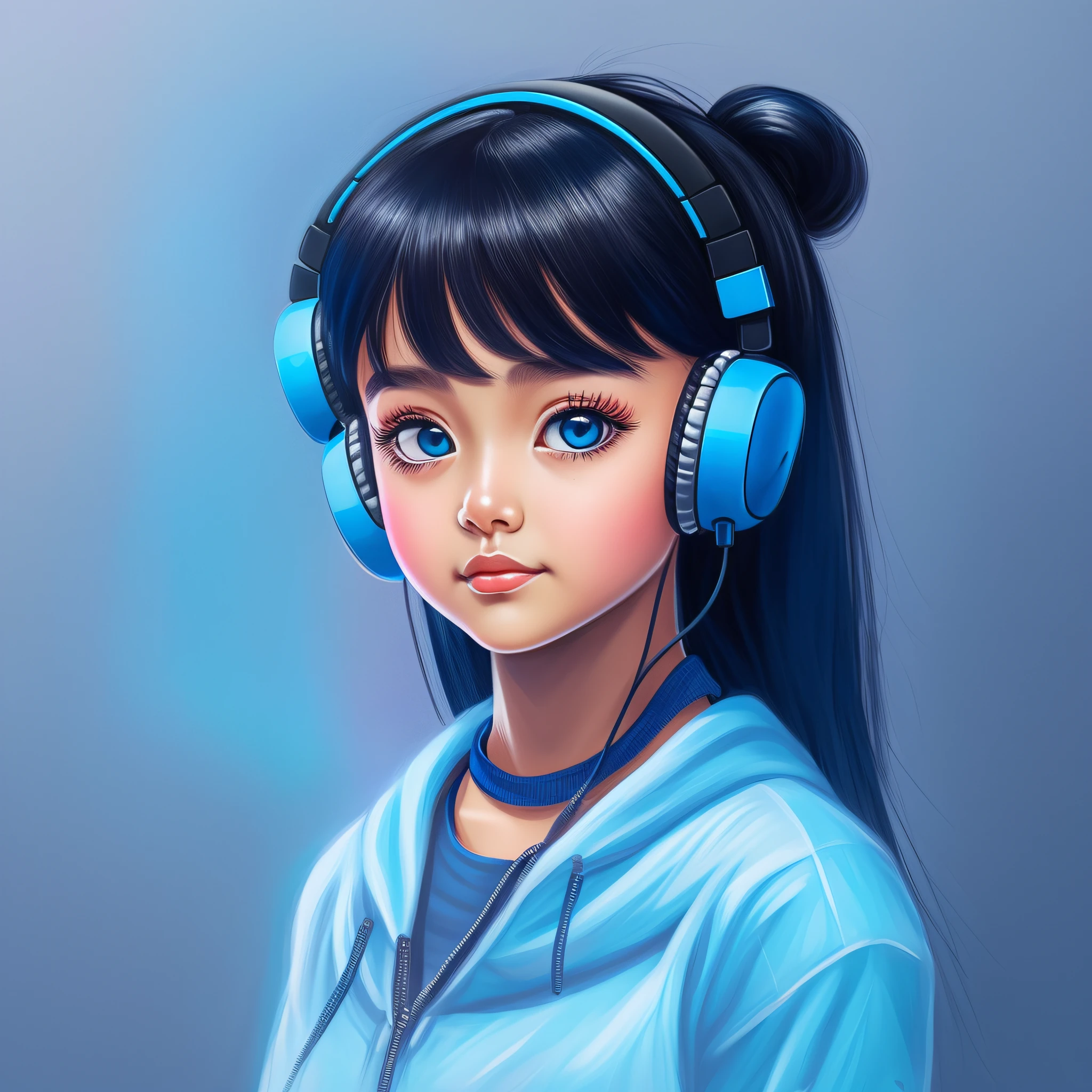 Create an image of girl with her arms crossed with a headset looking at the camera, style in light blue and dark blue colors, black hair big eyes, perfect skin, drawing style, an avatar for my brand --auto --s2