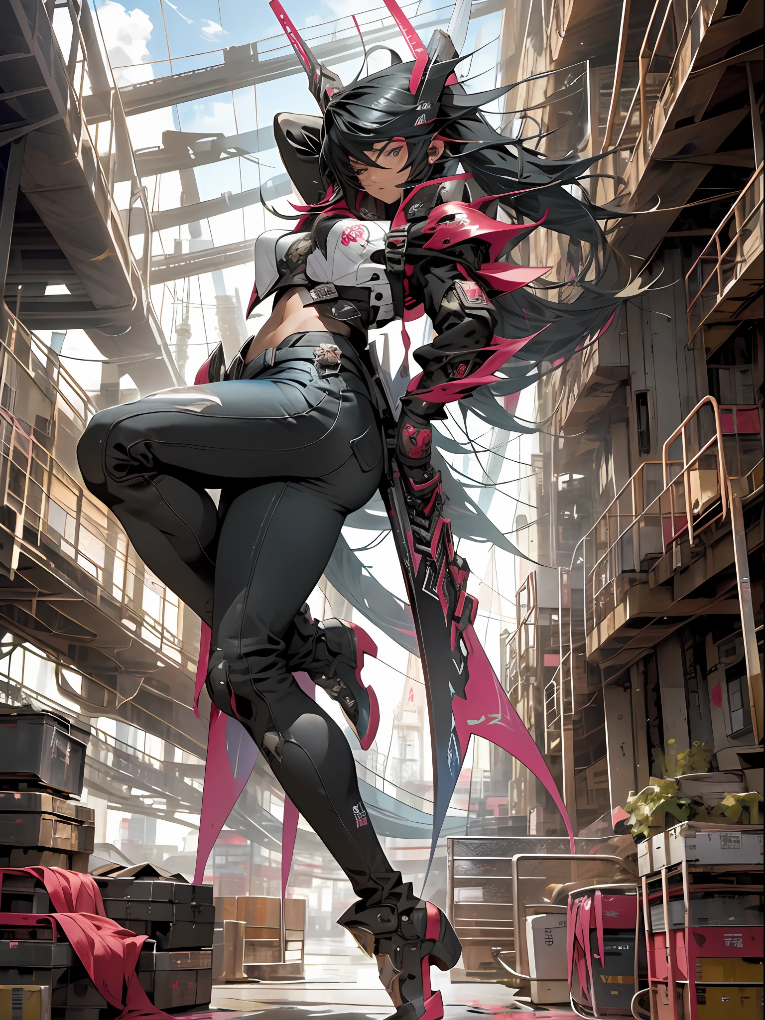 ultra furious futuristic warrior with the power to destroy everything around her, arms with technological coverage in super defined circular details and ultra embossed details in tattoo style in the colors red, white, black in gradient style, steel rods on the back, jeans with tribal tattoo print, long black hair, perfect body and voluminous breasts, stark pose preparing for battle, ultra colorful destroyed scenery, text, Japanese graffiti letters, perfect GUILTY GEAR -STRIVE style