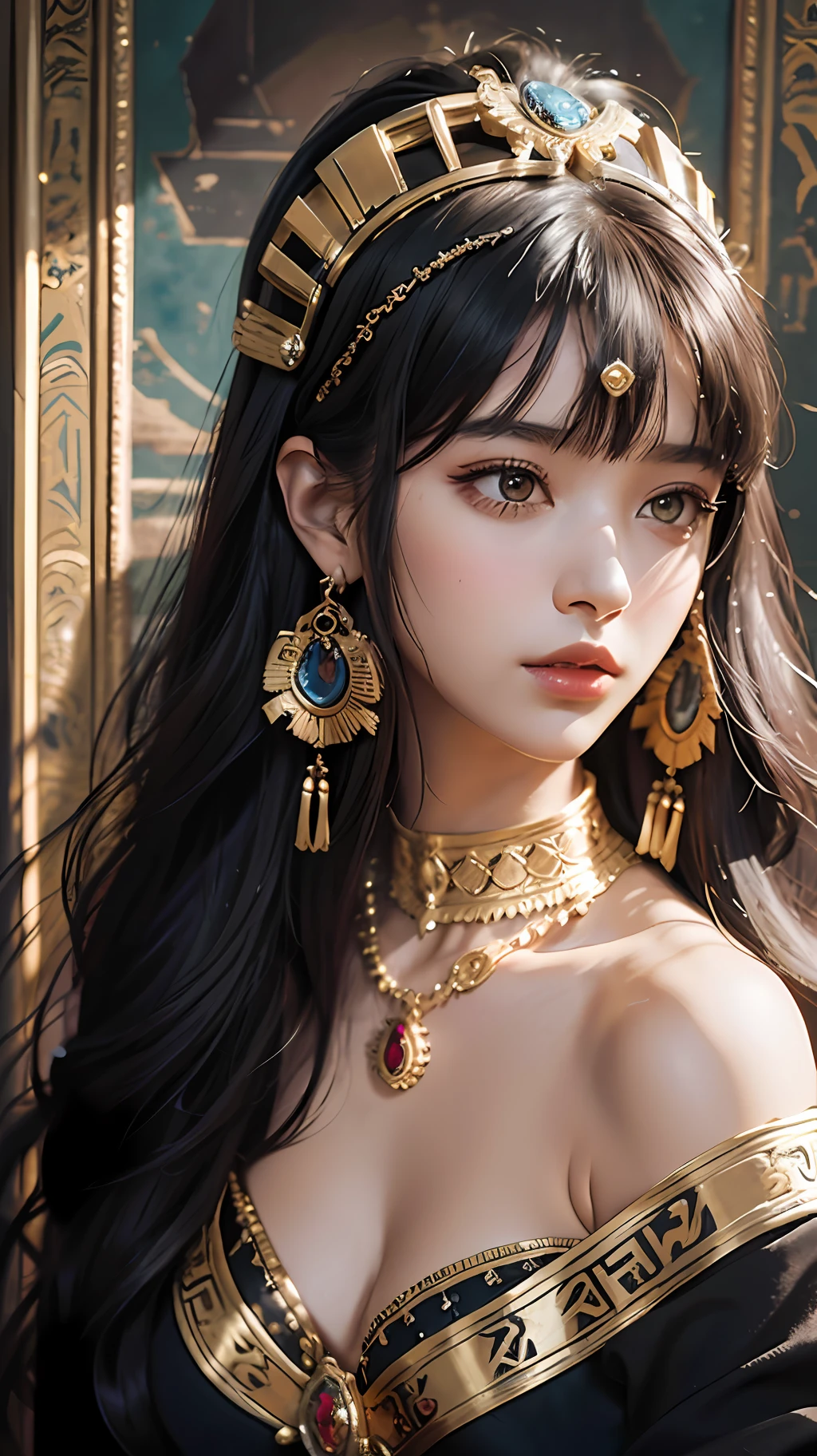 Best quality masterpiece portrait photograph of Sophia Boutella as sexy Egyptian princess wearing body harness, huge breasts, ornate Egyptian headdress, earrings, black hair, fringe cut bangs, jewelry necklace, detailed skin texture, detailed cloth texture, detailed face, super detail, 8k, intricate detail, ancient Egyptian background, chiaroscuro, strong light and shadow, cinematic lighting, depth of field f/2.8