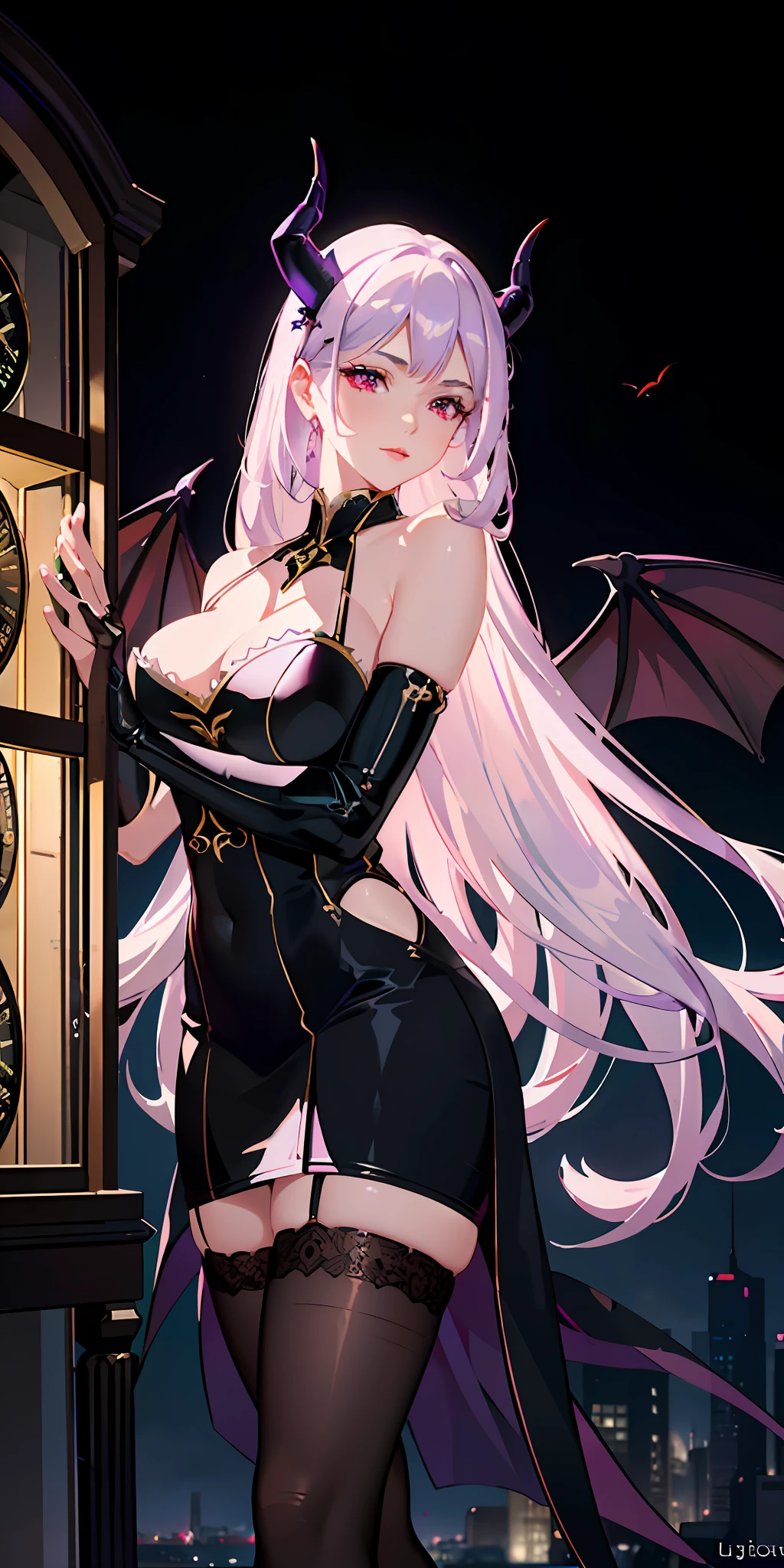 (delicate and beautiful CG artwork),(best quality, ultra-detailed, high resolution),(dynamic angle, dynamic lighting),(1 character),(long white and purple hair, red eyes, beautiful face),(black transparent stocking),(devil) (long sideburns) clock in background, city, night light, horns, black dress