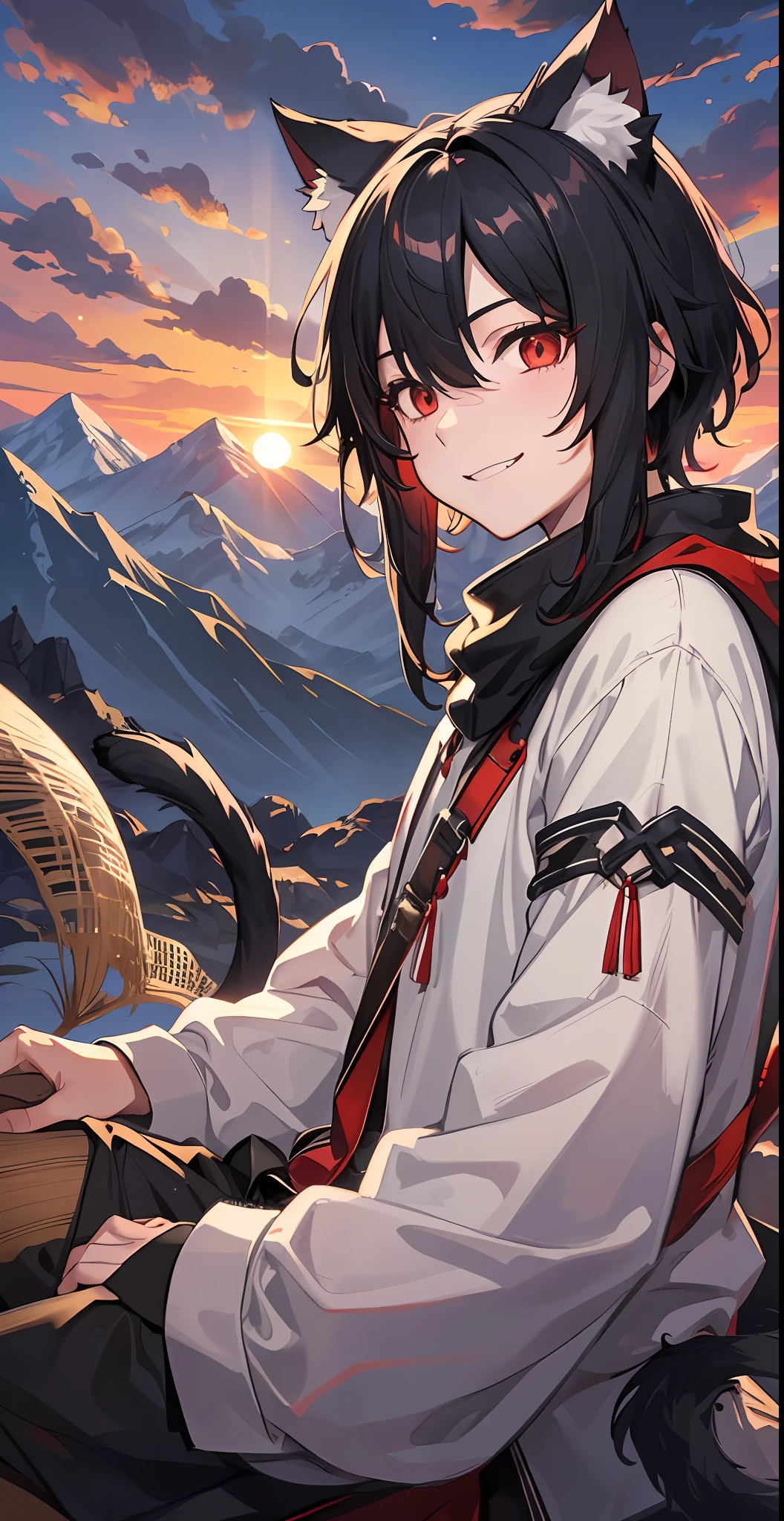 1boy, black hair, red eyes, big sharp cat ears, fluffy long cat tail, staring at viewer while grinning, mountainous setting, soft, sunset, modern, 4k Resolution